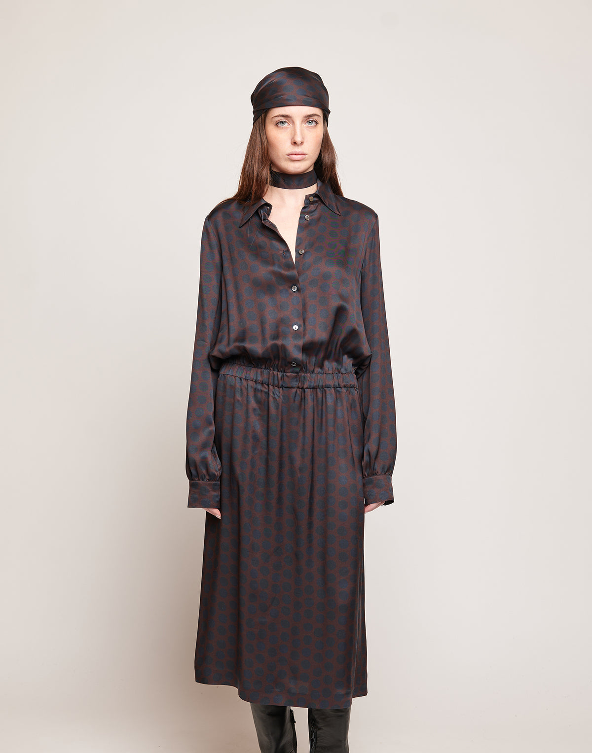 Mocha/Ultramarine Polka Dot Print Twill Shirt Dress