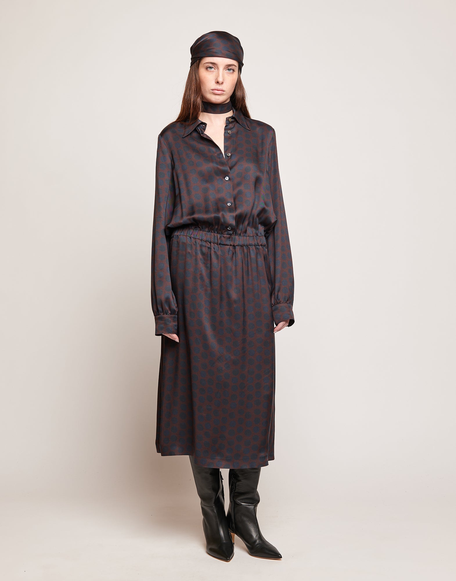 Abito Camicia in Twill Stampato a Pois Moka/Oltremare