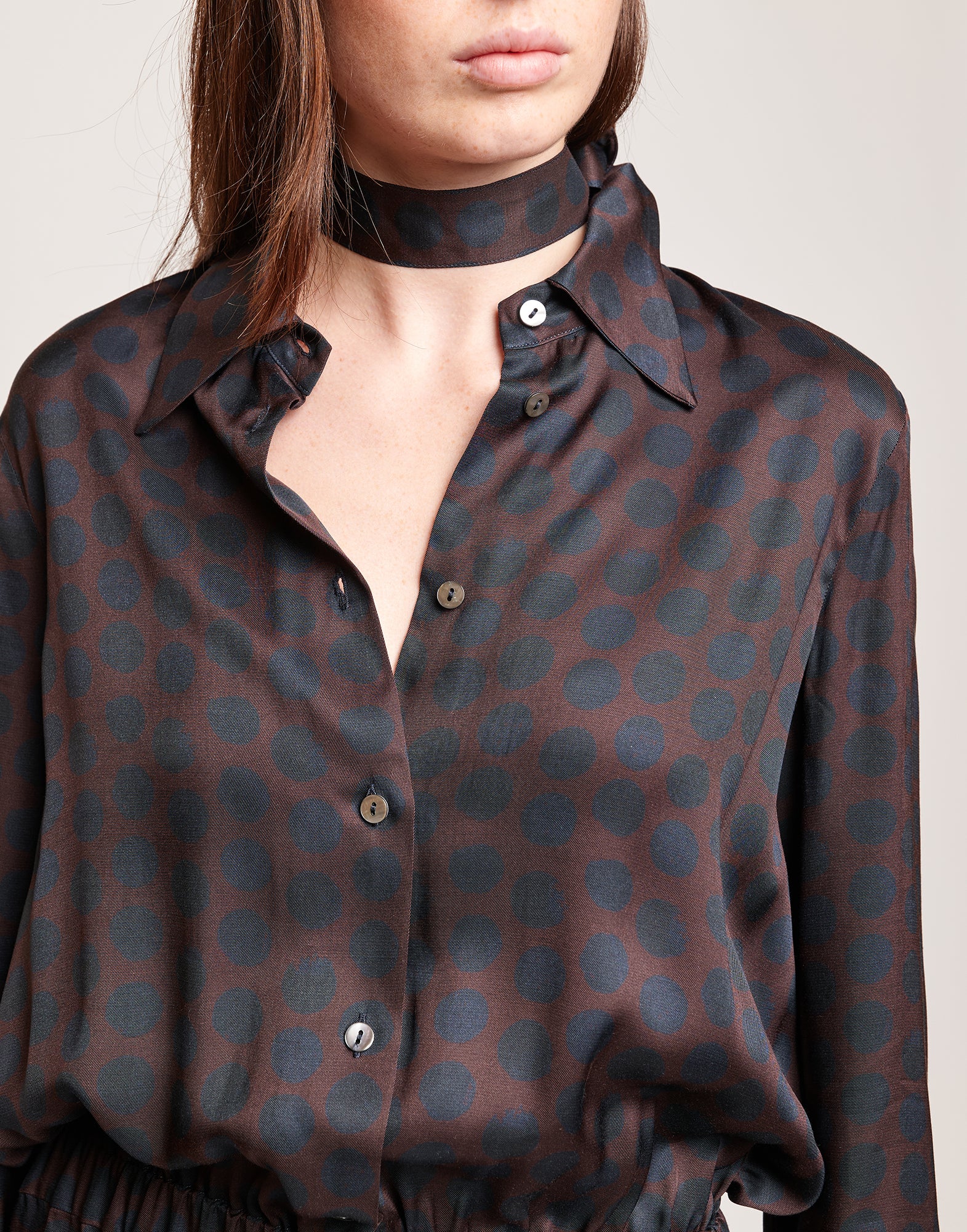 Abito Camicia in Twill Stampato a Pois Moka/Oltremare