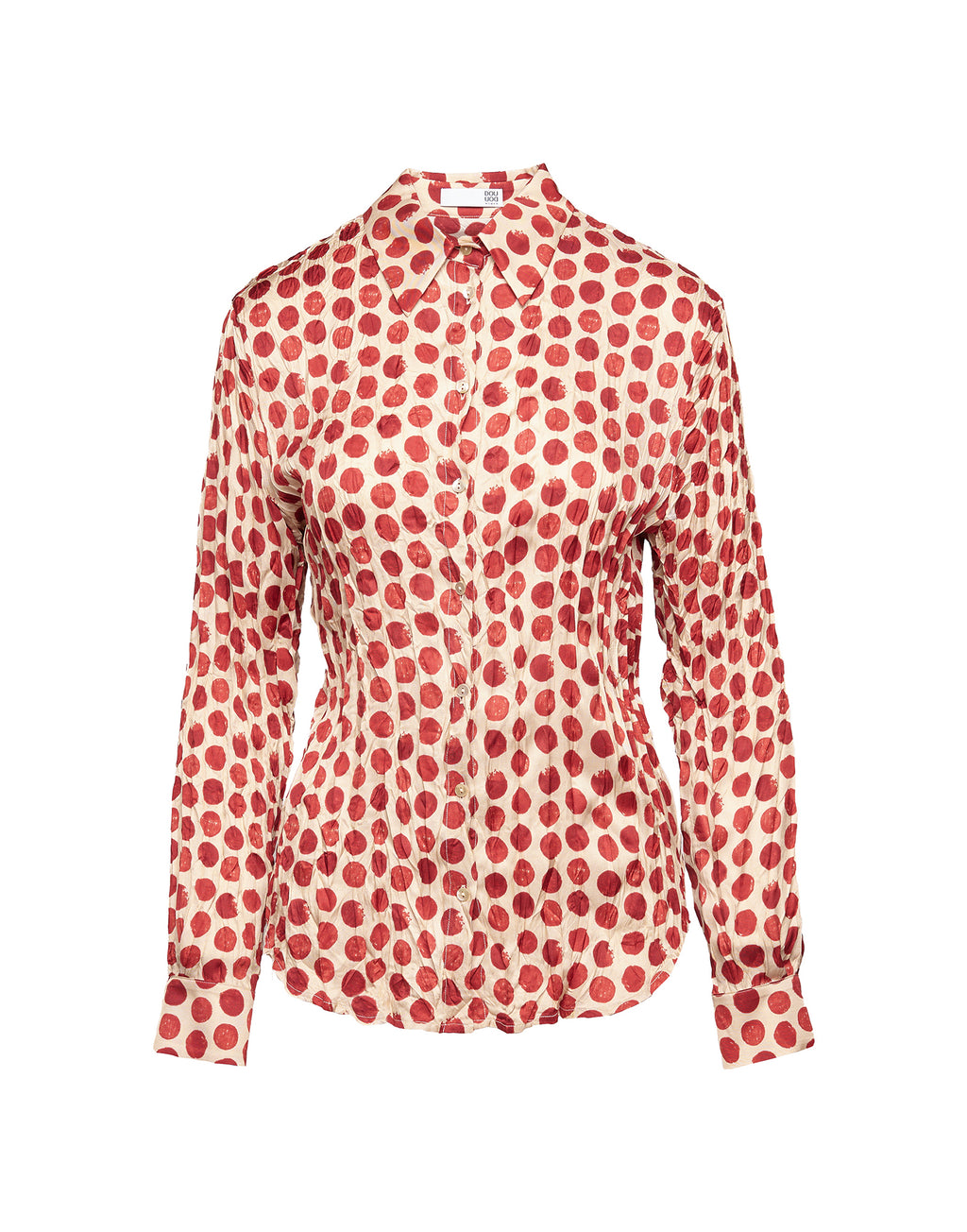 Camicia Stampata a Pois in Twill Plissé Vaniglia/Cherry