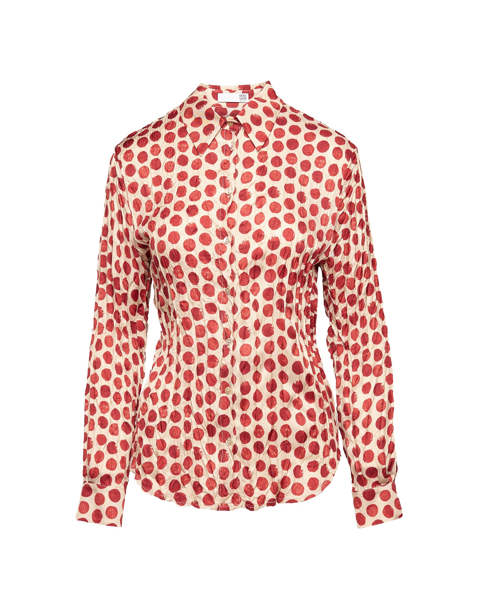 Camicia Stampata a Pois in Twill Plissé Vaniglia/Cherry
