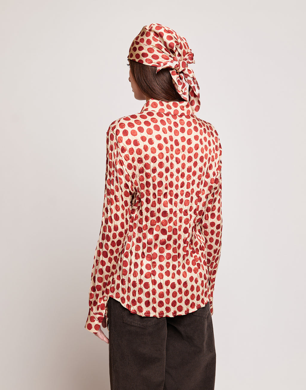 Camicia Stampata a Pois in Twill Plissé Vaniglia/Cherry