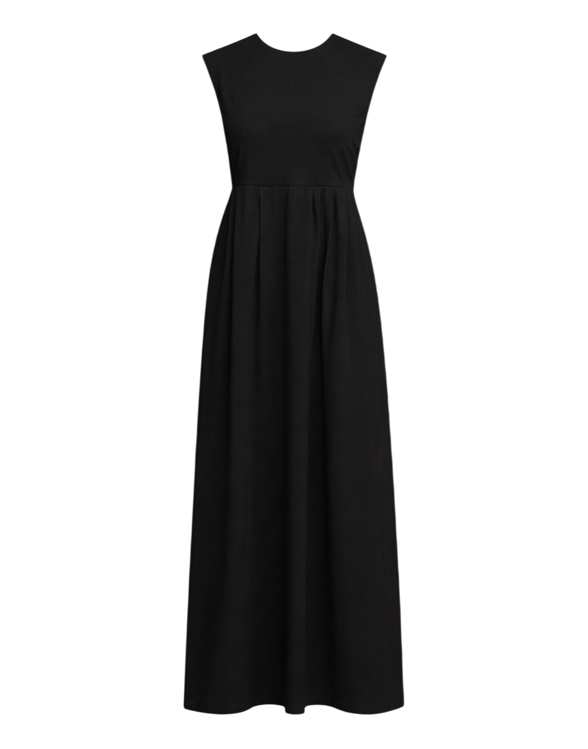 Sleeveless Maxi Dress with Pleated Skirt in Black Cotton Poplin
