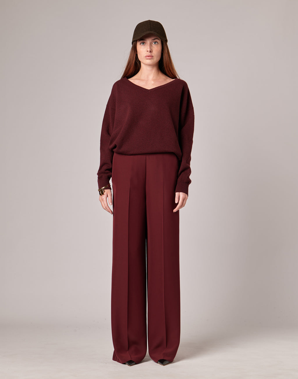 Pantaloni Ampi con Elastico in Cady Bordeaux