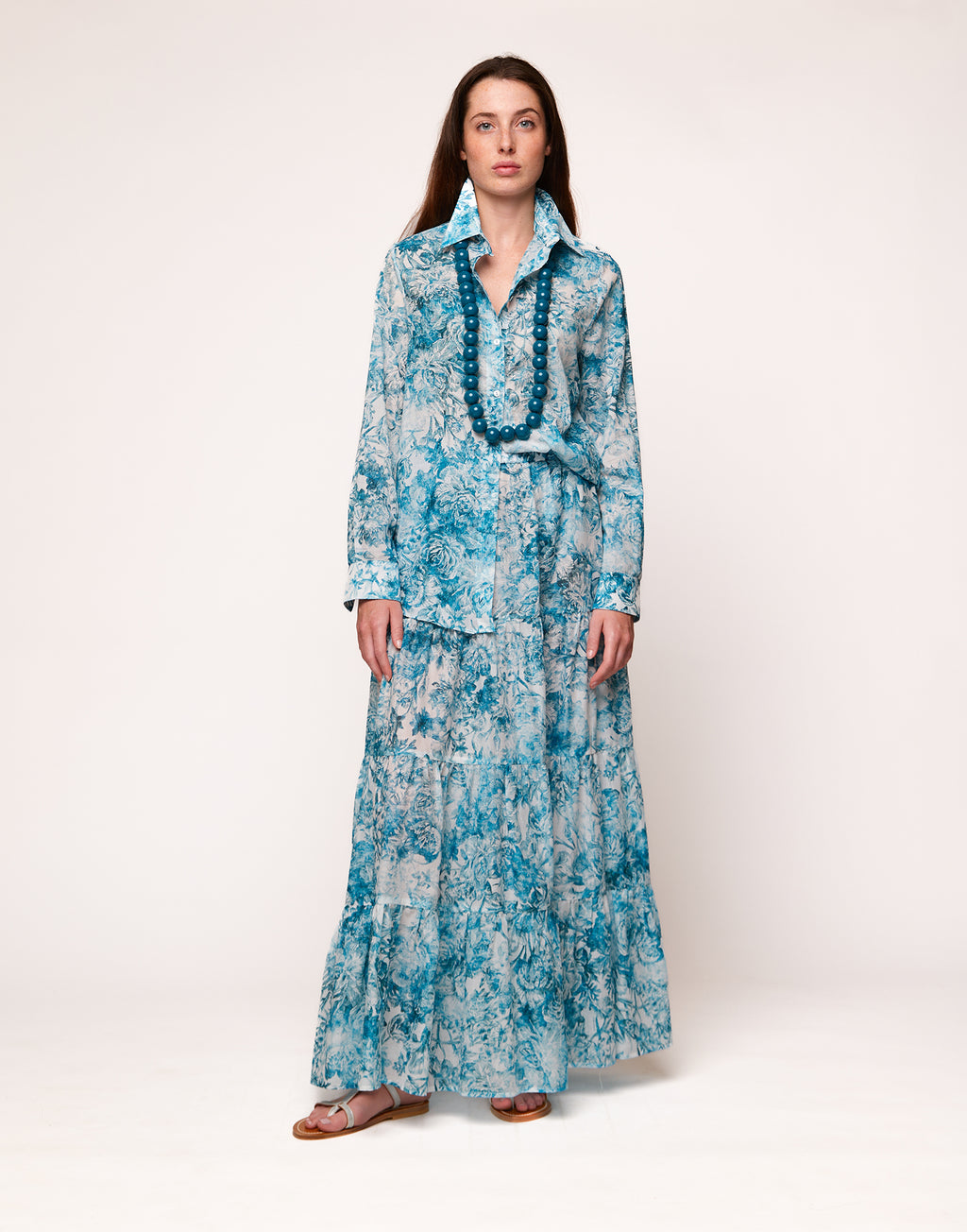 Gonna Lunga a Balze in Mussola Floreale Agata Blu
