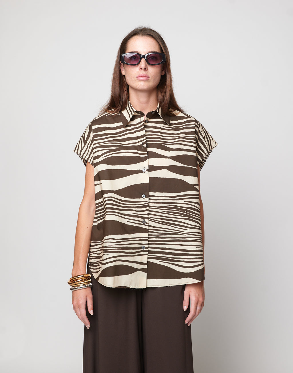 Camicia Over Smanicata in Popeline di Cotone Stampato Orzo/Fondente