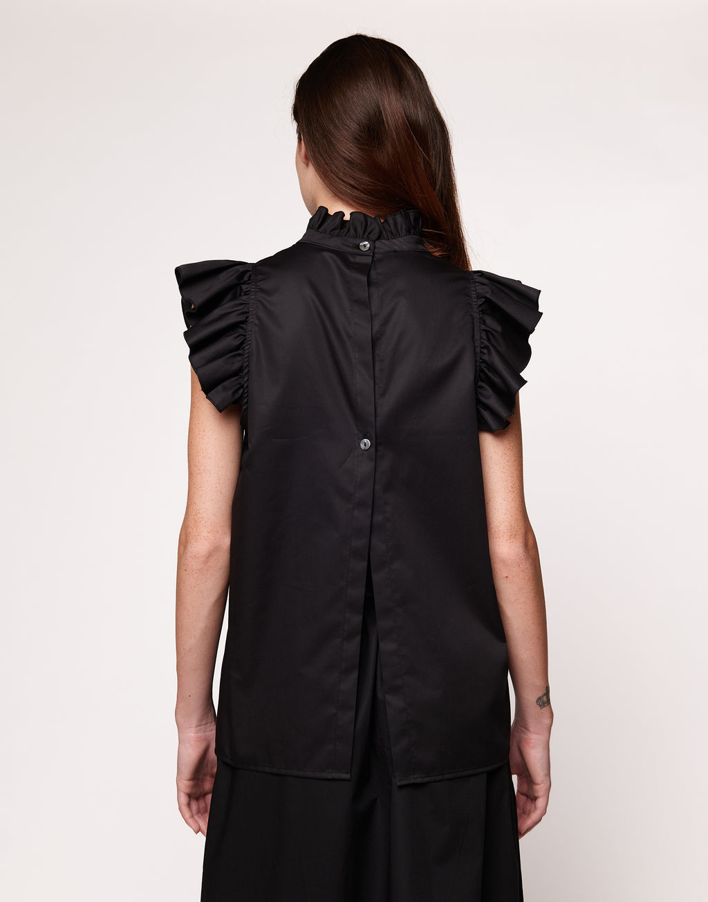 Top Smanicato con Rouches in Popeline Satin Nero