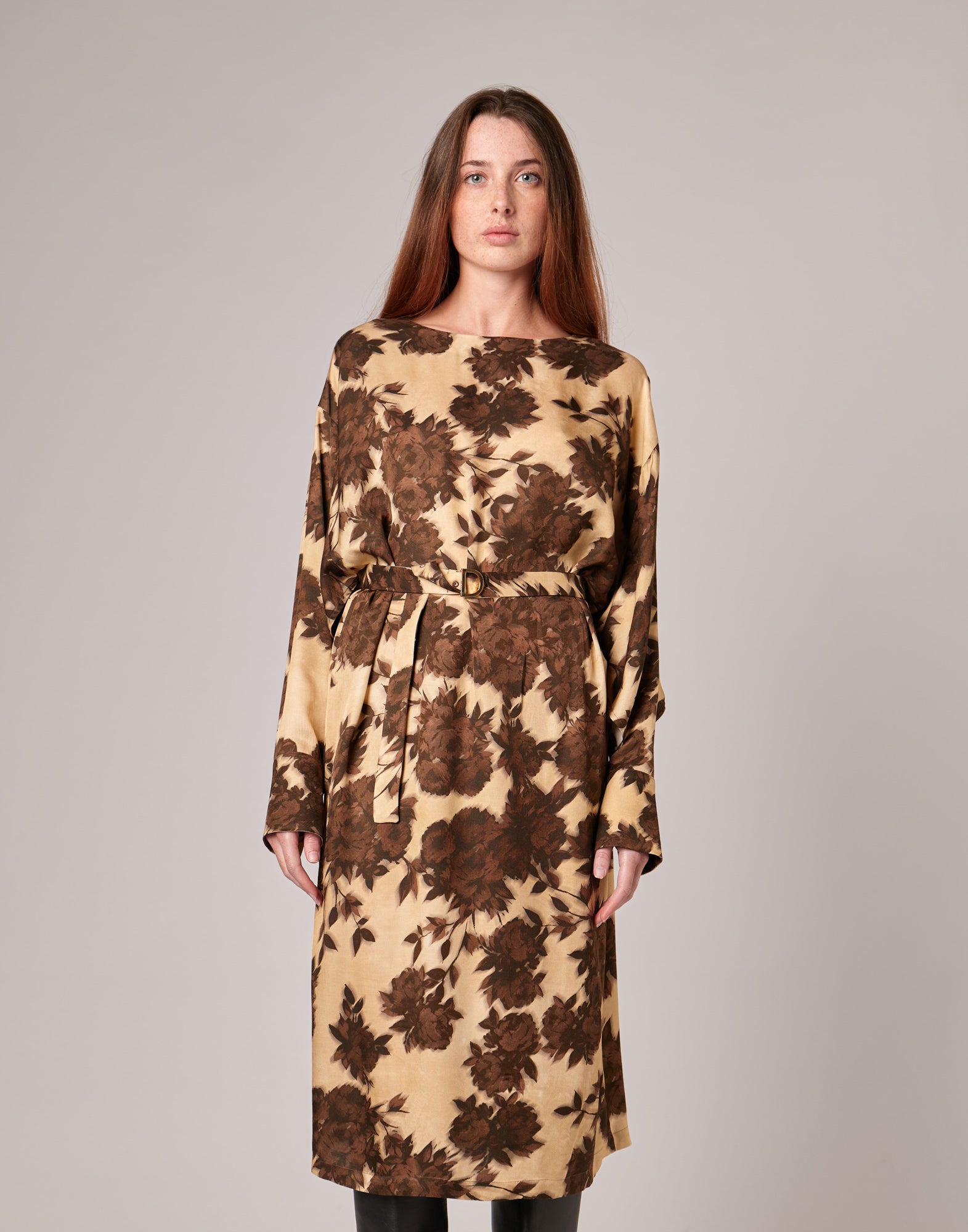 Abito Midi a Sacchetto in Twill con Stampa Floreale