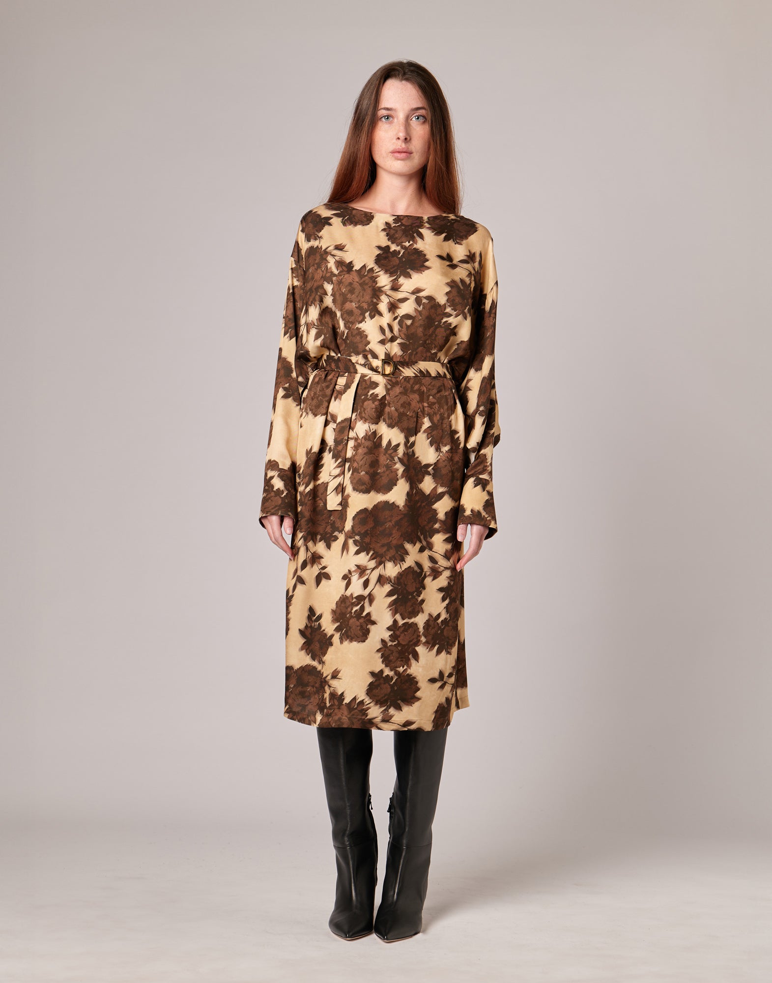 Abito Midi a Sacchetto in Twill con Stampa Floreale