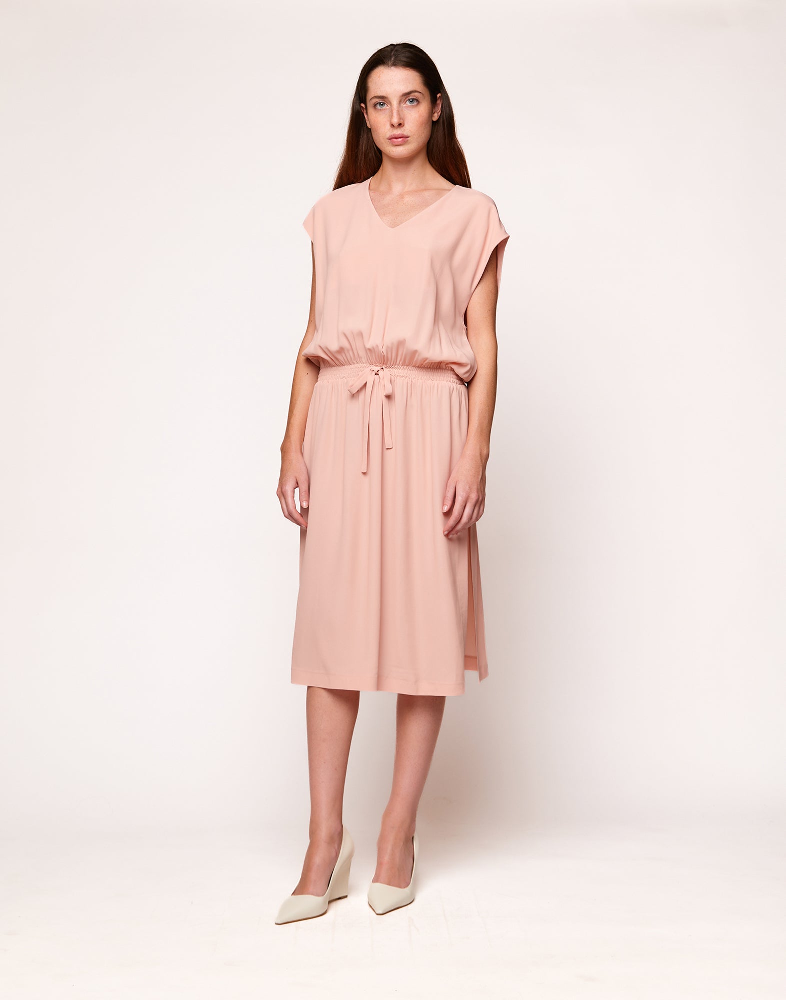 Abito Midi Smanicato in Crepe de Chine Blush