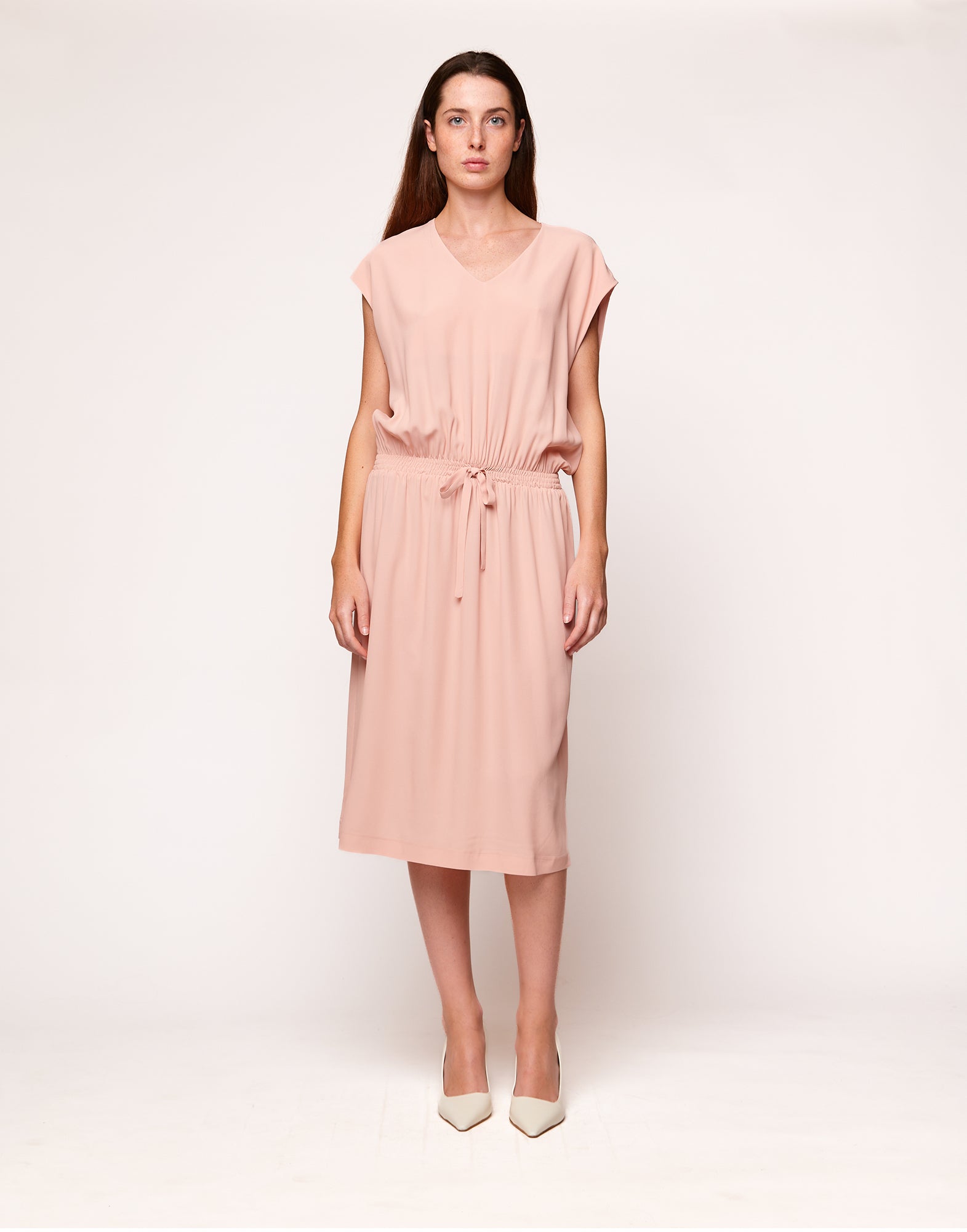 Abito Midi Smanicato in Crepe de Chine Blush