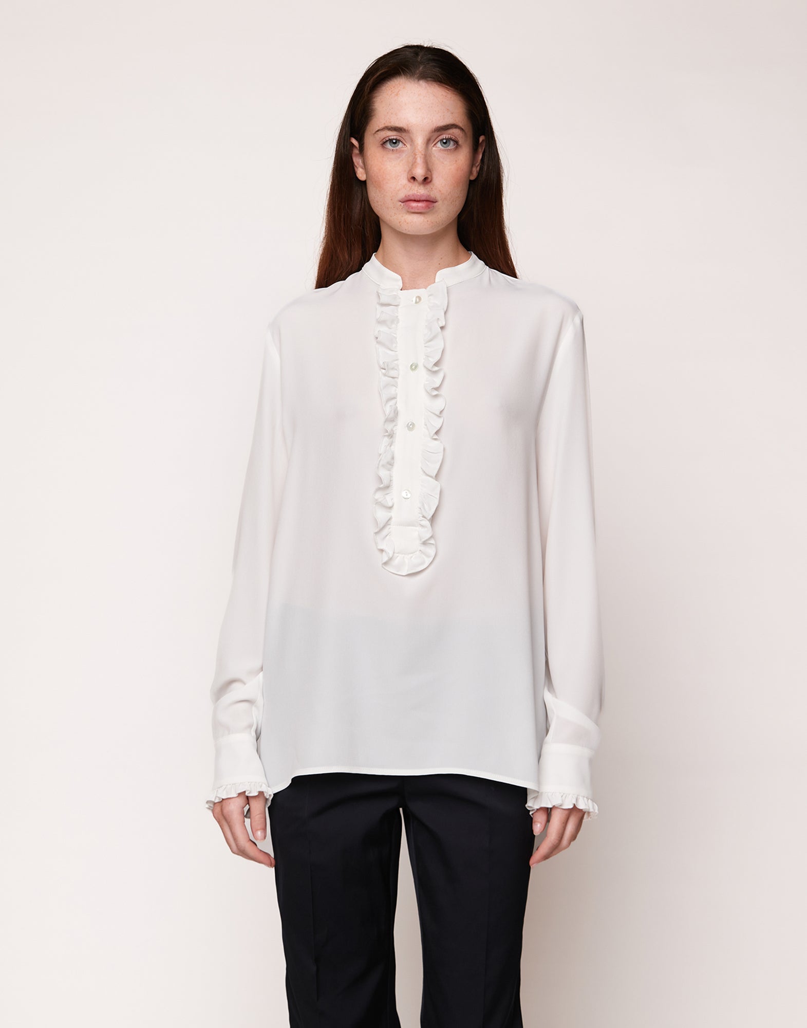 Camicia Serafino con Rouches in Crepe de Chine Latte