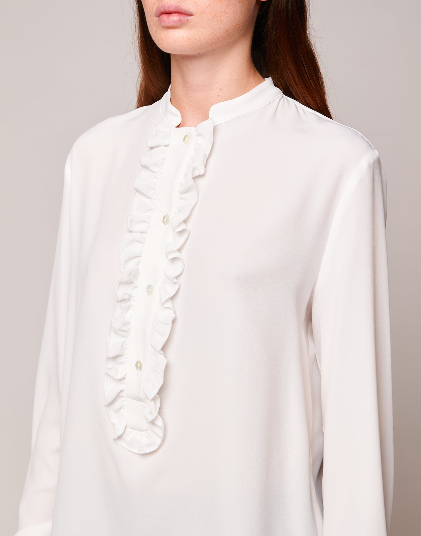 Camicia Serafino con Rouches in Crepe de Chine Latte
