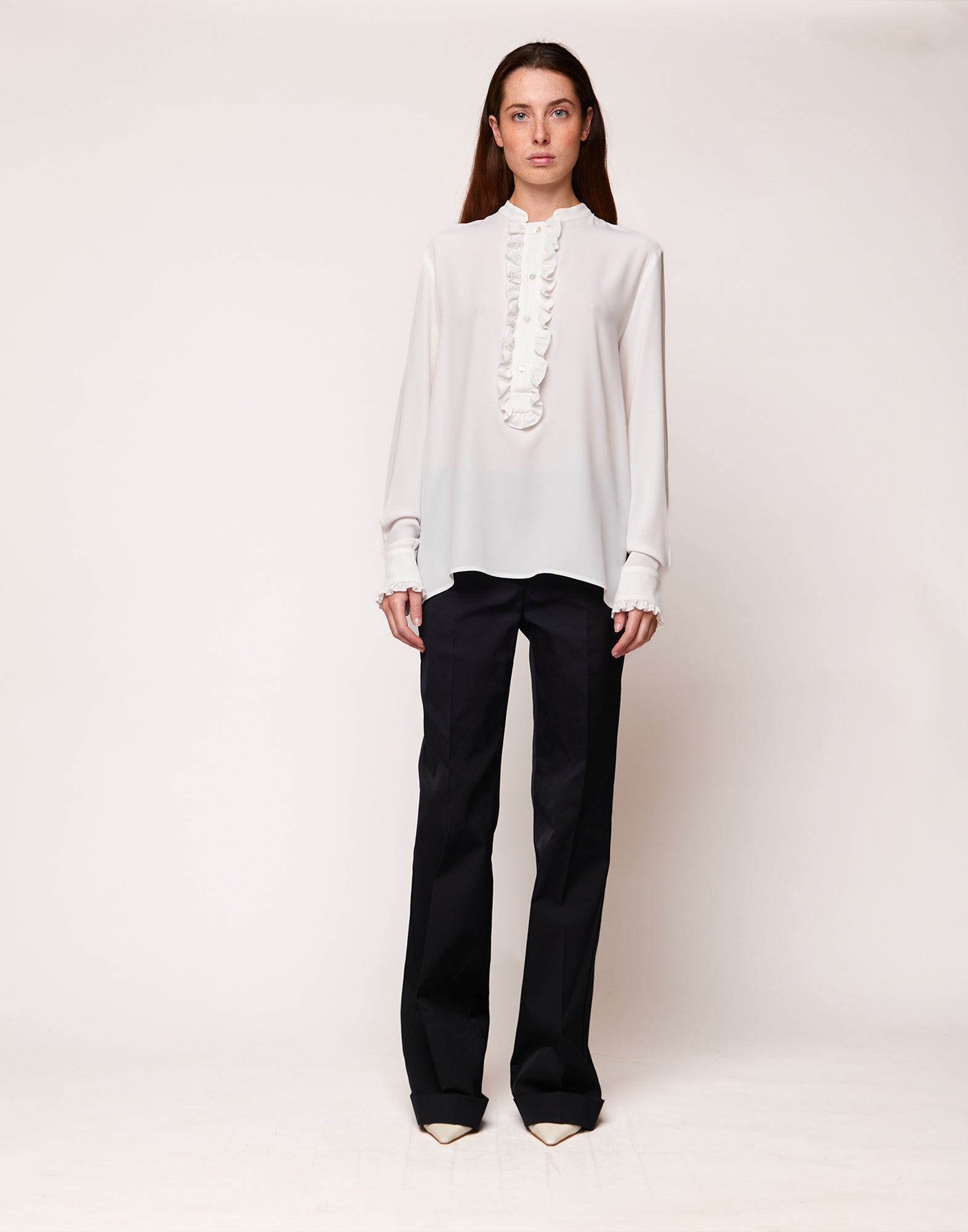 Camicia Serafino con Rouches in Crepe de Chine Latte