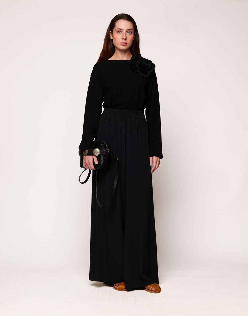 Pantaloni Ampi con Elastico in Crepe de Chine Navy Blu