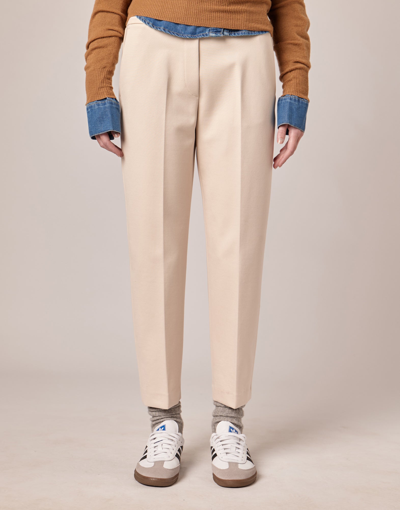 Pantaloni Lunghi con Elastico in Punto Milano Stucco