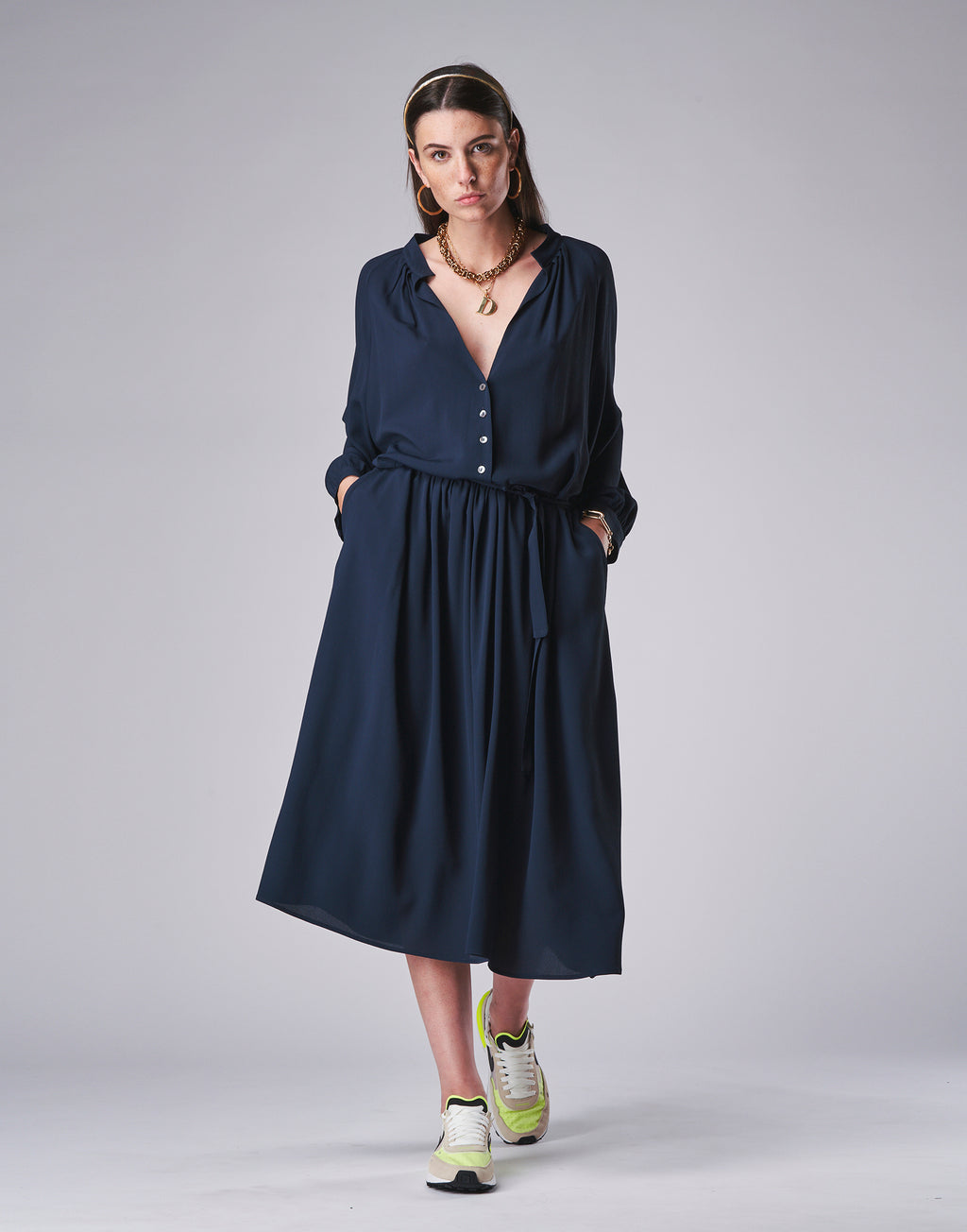 Abito Midi in Misto Seta Blu
