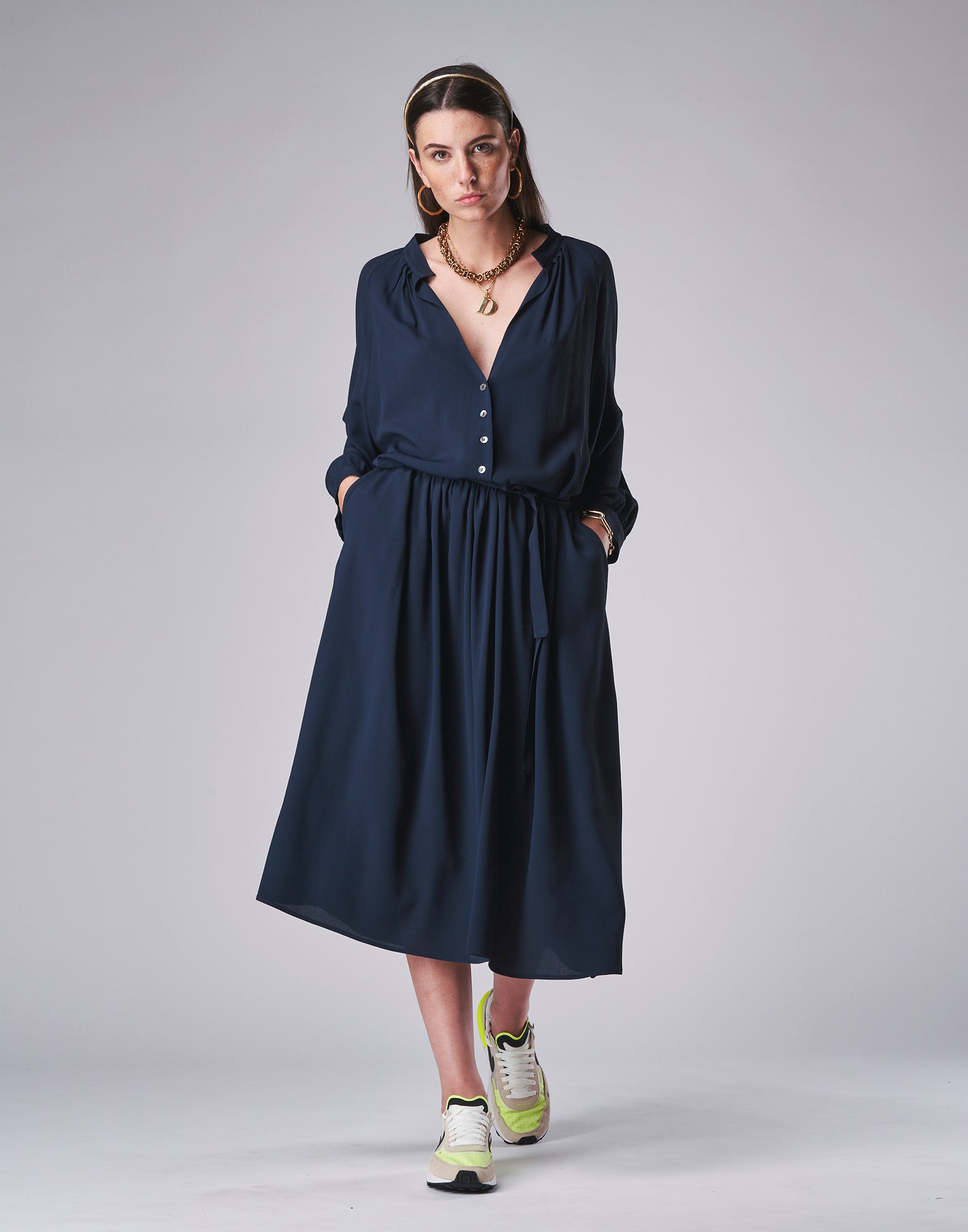 Abito Midi in Misto Seta Blu
