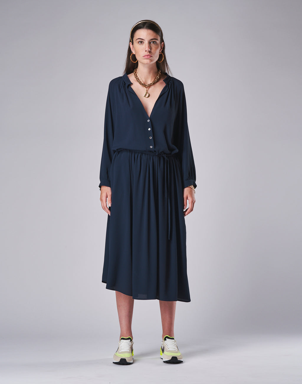 Abito Midi in Misto Seta Blu