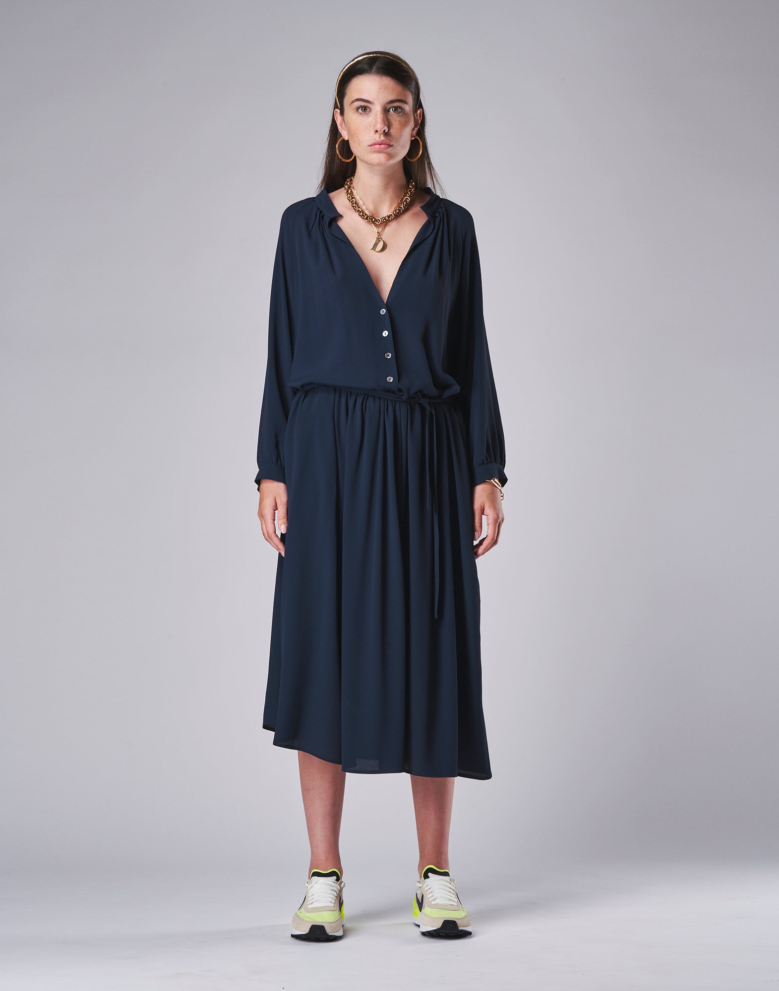 Abito Midi in Misto Seta Blu