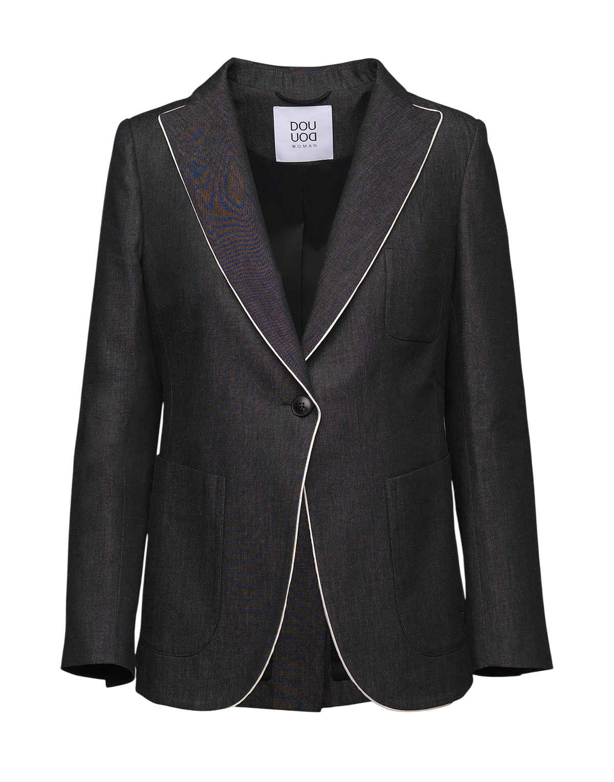 Veste simple boutonnage avec passepoil en denim noir sur mesure