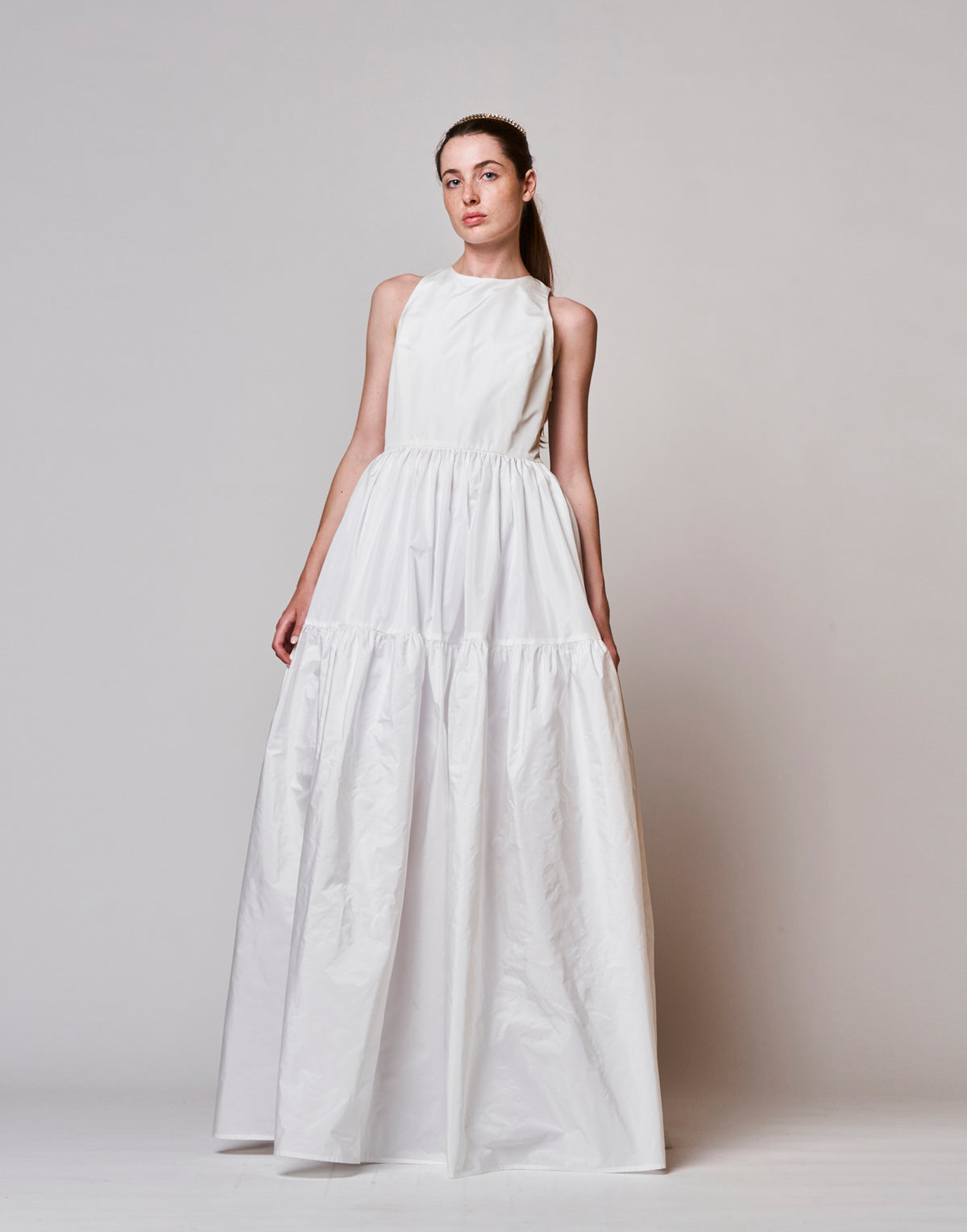 Long Dress with Ruffles and Porthole Back White