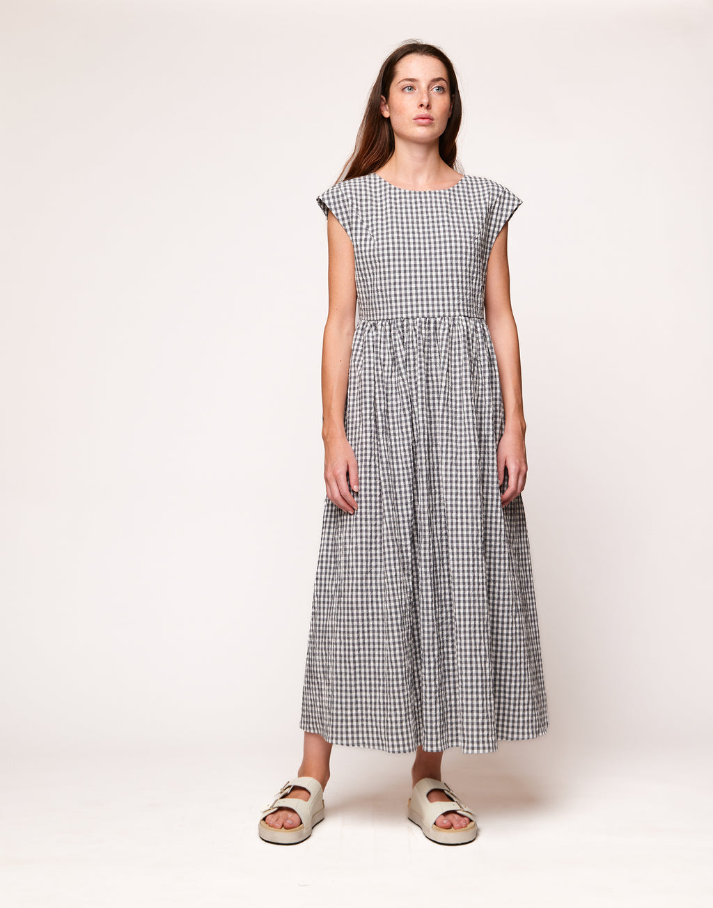 Abito Midi Smanicato in Vichy Embossed Off White/Steel