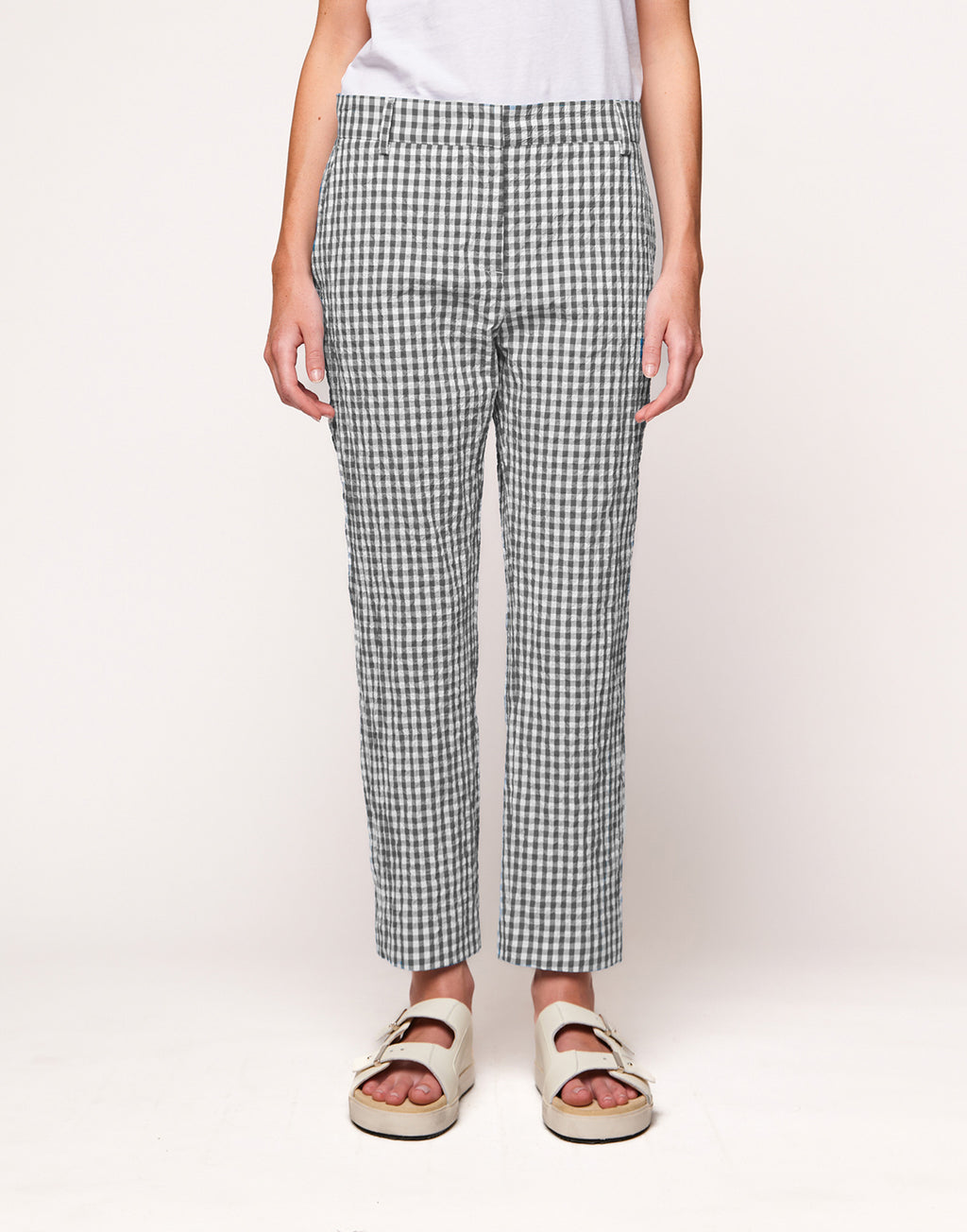 Pantaloni a Gamba Dritta in Vichy Embossed Off White/Steel