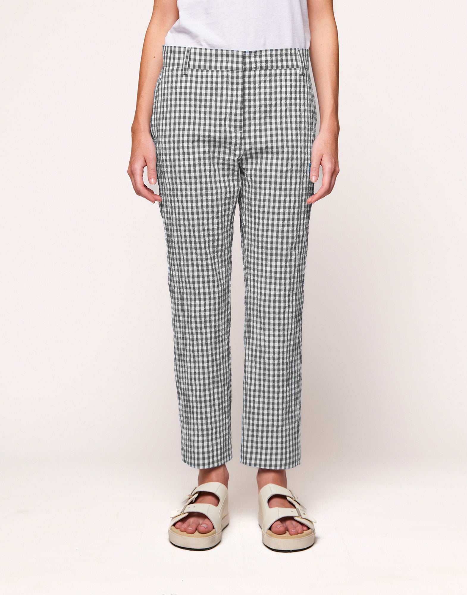 Pantaloni a Gamba Dritta in Vichy Embossed Off White/Steel