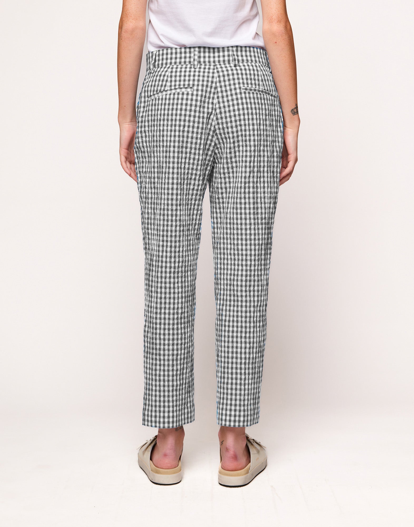 Pantaloni a Gamba Dritta in Vichy Embossed Off White/Steel