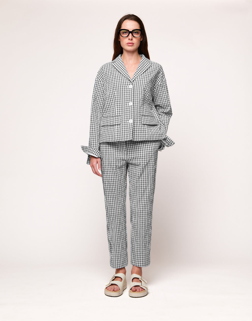 Pantaloni a Gamba Dritta in Vichy Embossed Off White/Steel