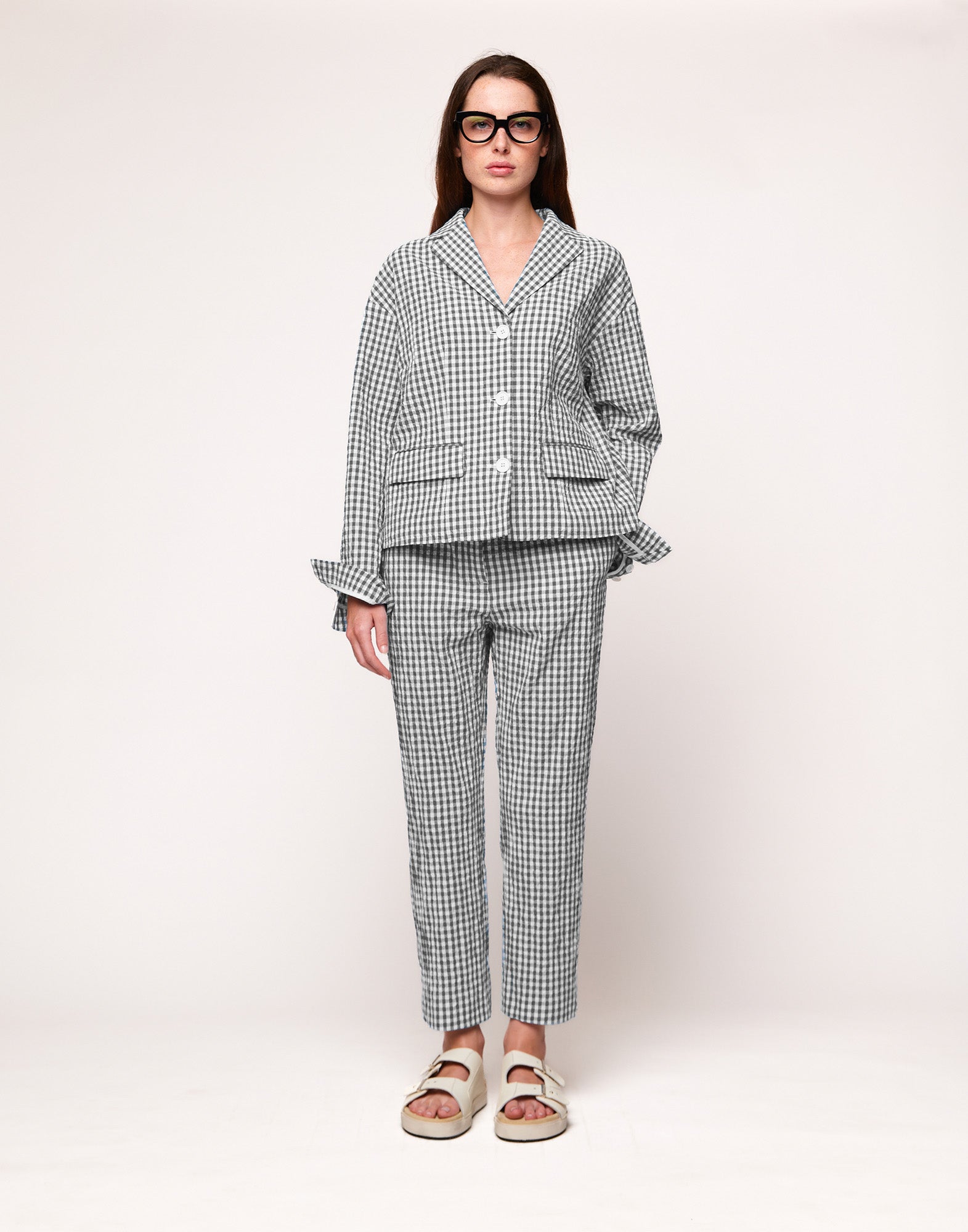 Pantaloni a Gamba Dritta in Vichy Embossed Off White/Steel