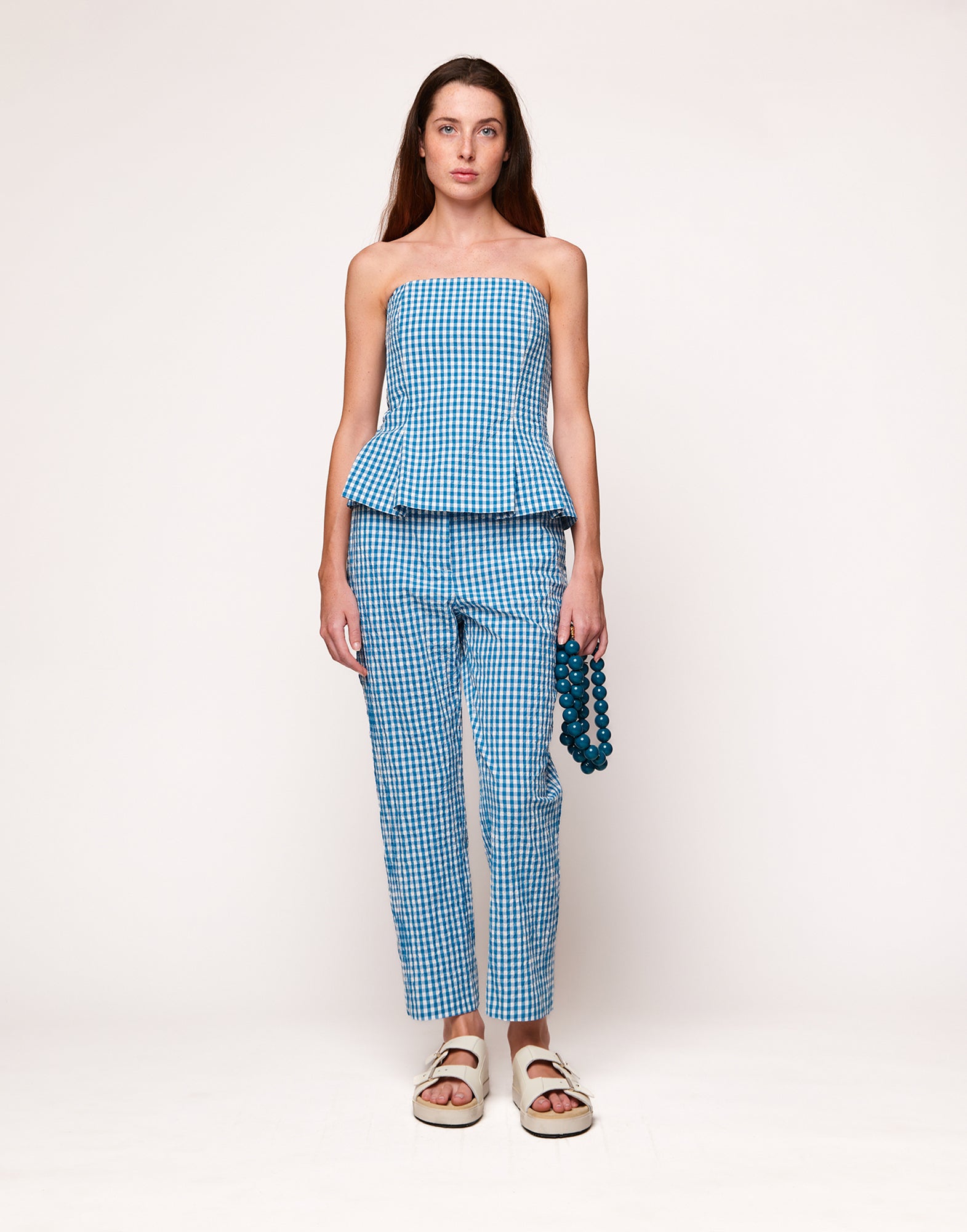 Top Decollete in Vichy Embossed Off White/Agata Blu