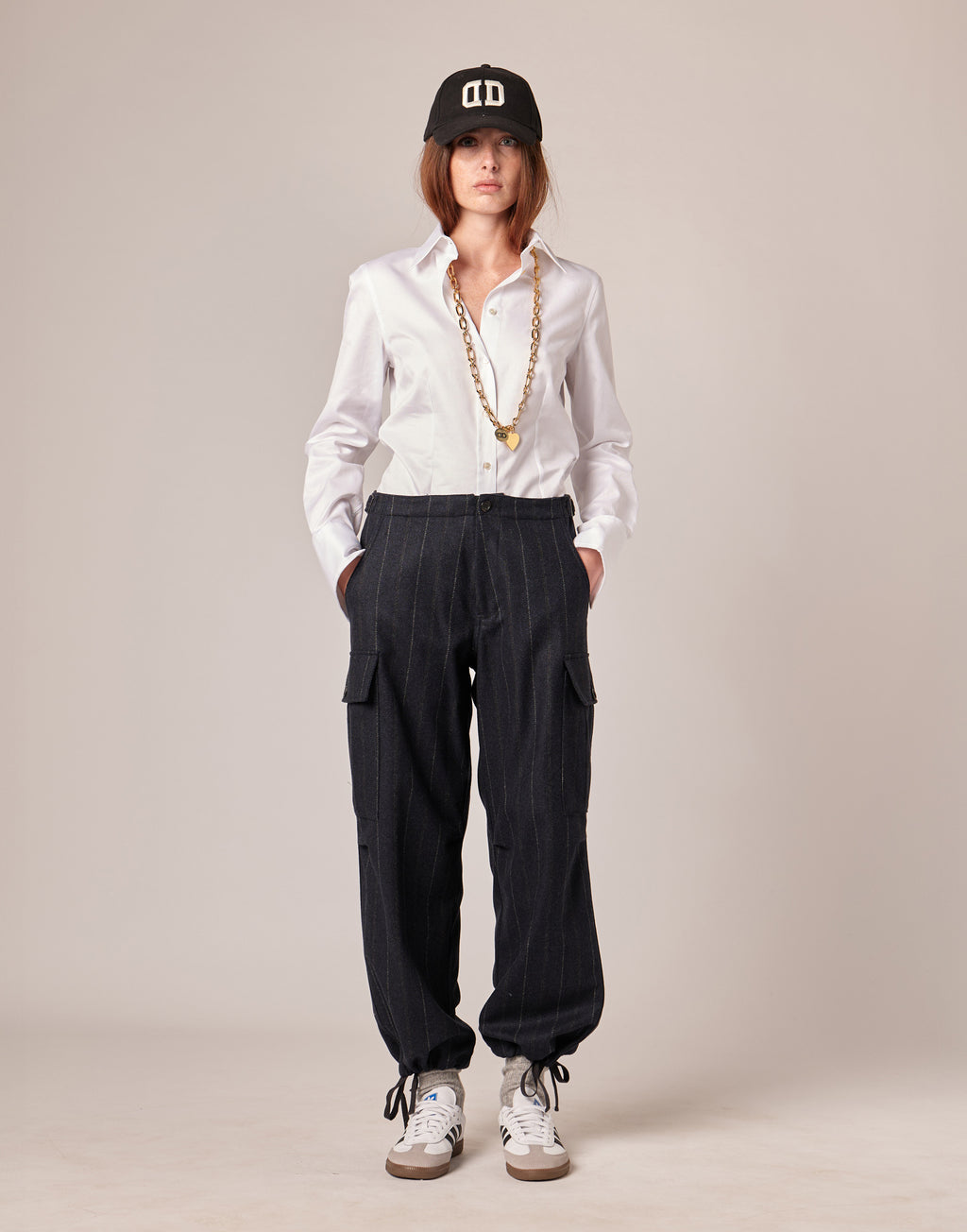 Pantaloni Cargo in Microresca Gessata Stretch