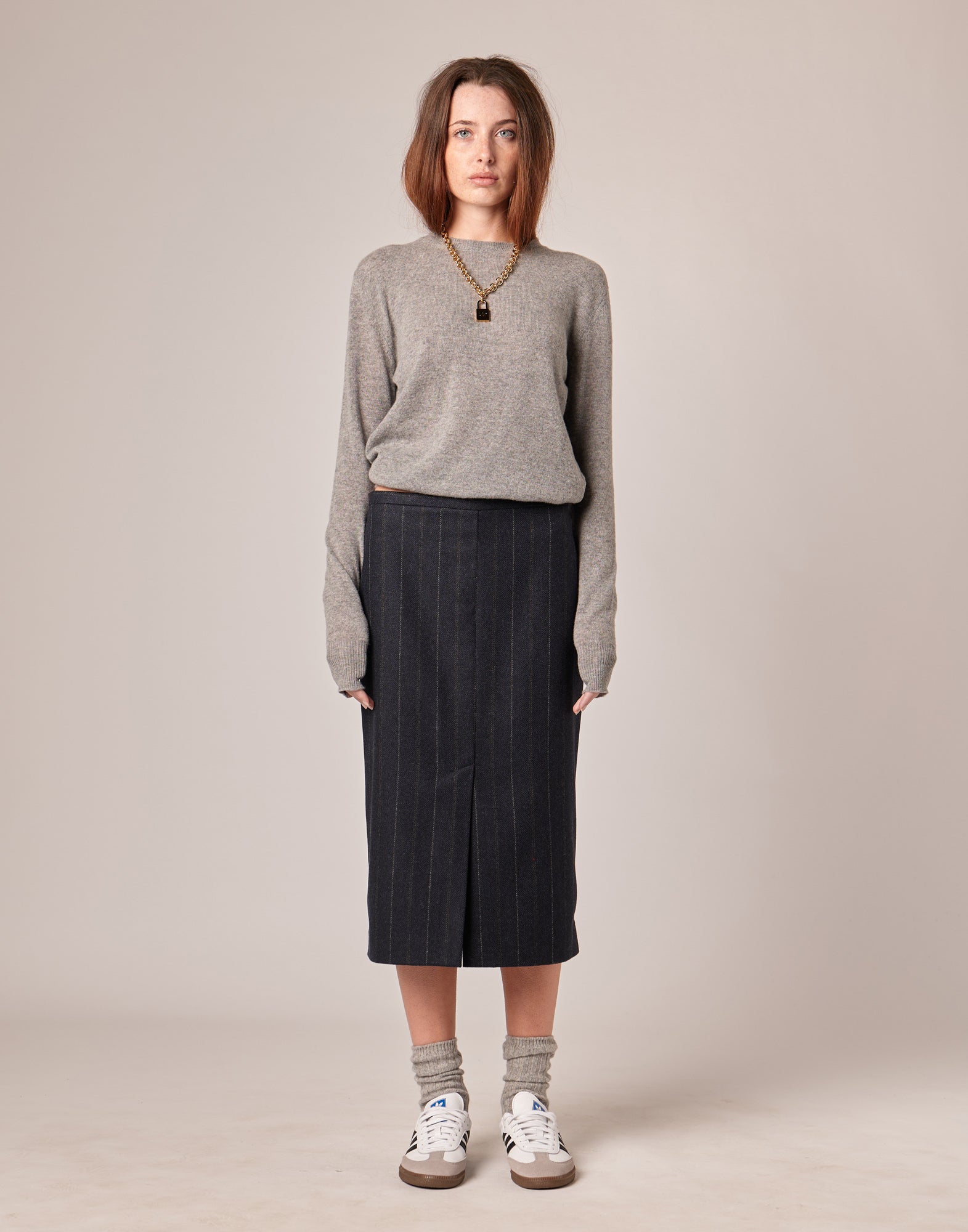 Gonna Midi a Tubino in Microresca Gessata Stretch