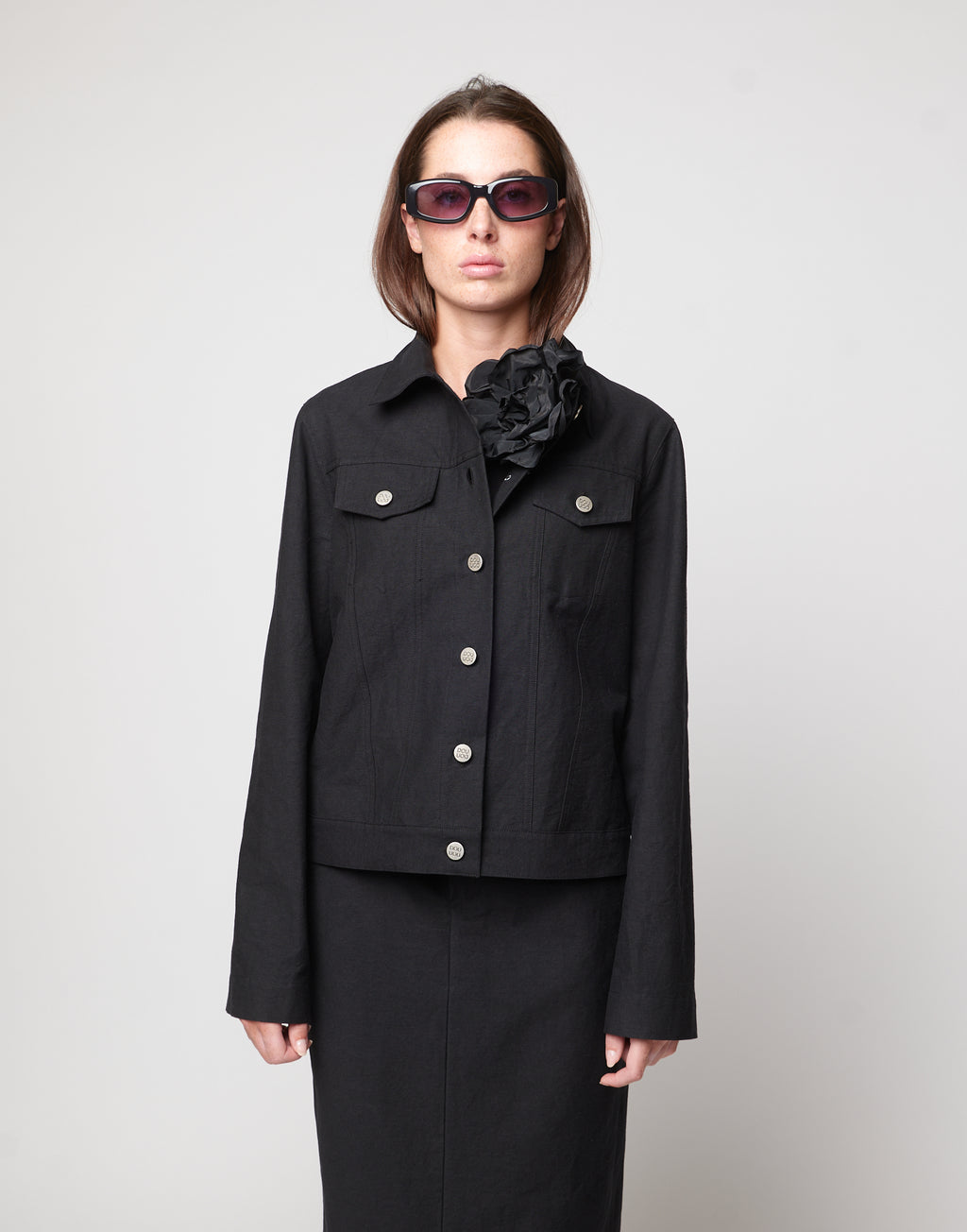 Giacca Taglio Denim in Cotone Froissè Nero