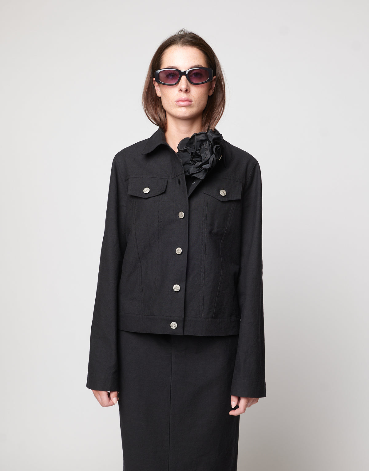 Black Crinkled Cotton Denim Cut Jacket