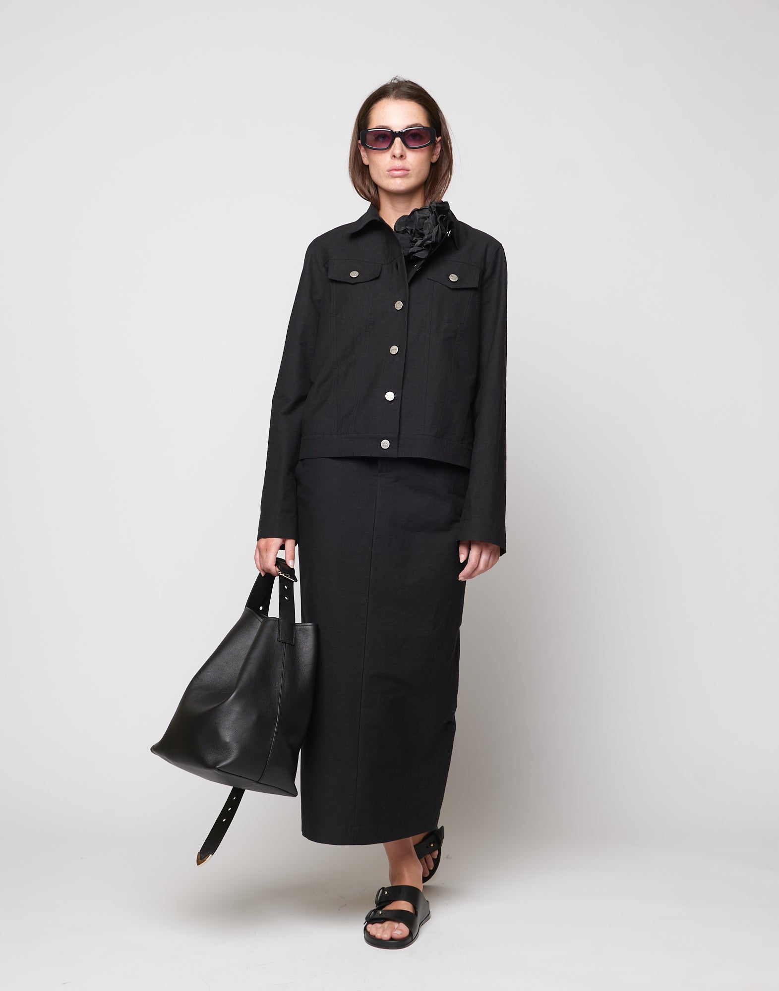 Giacca Taglio Denim in Cotone Froissè Nero