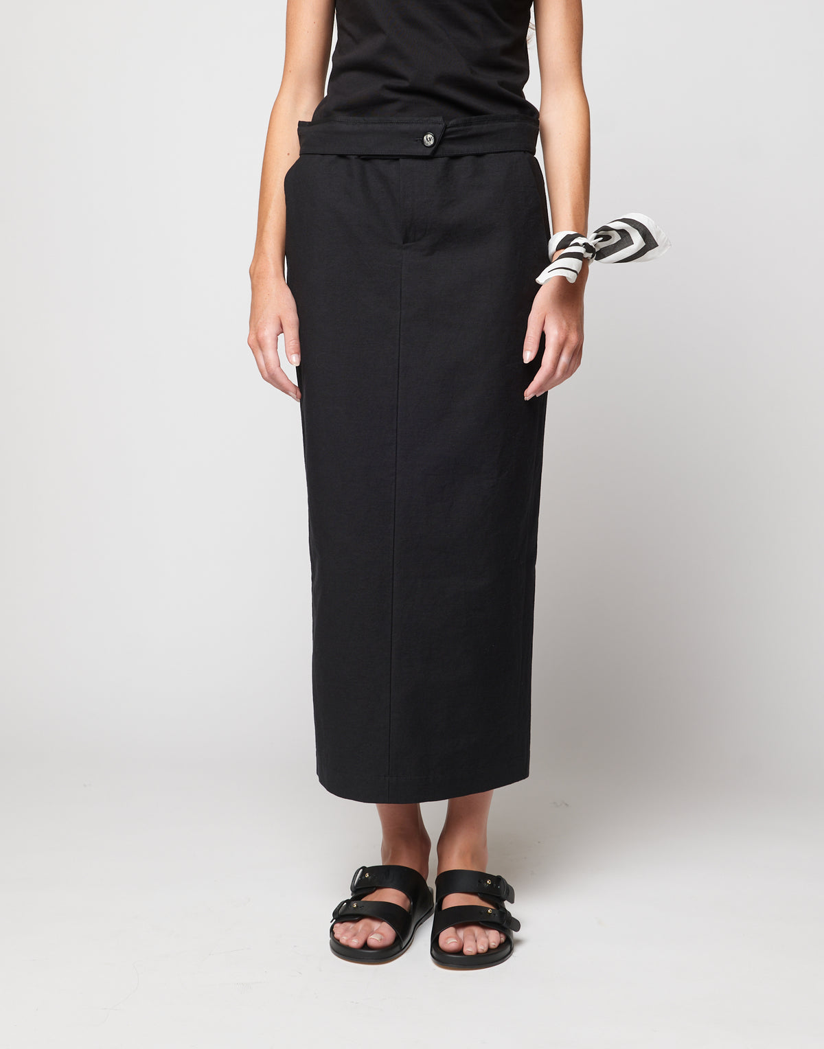 Black Crinkled Cotton Midi Pencil Skirt