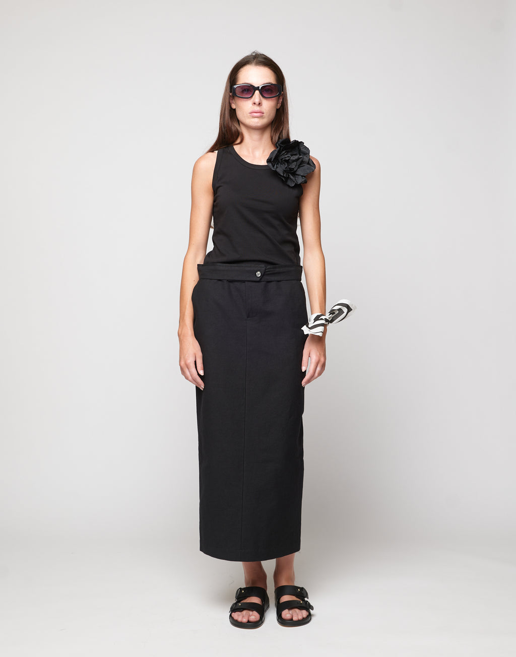 Gonna Midi a Tubo in Cotone Froissé Nera