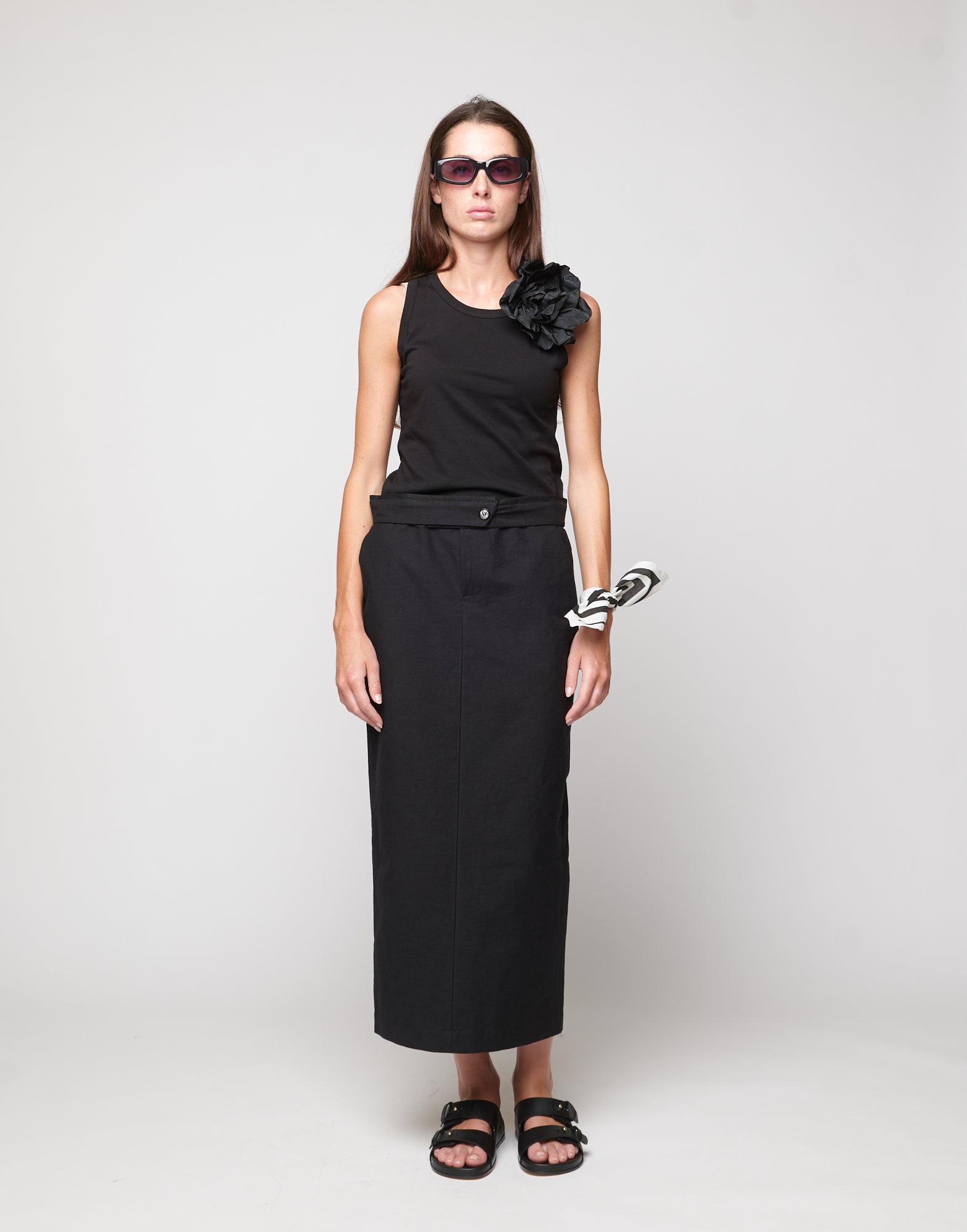 Gonna Midi a Tubo in Cotone Froissé Nera