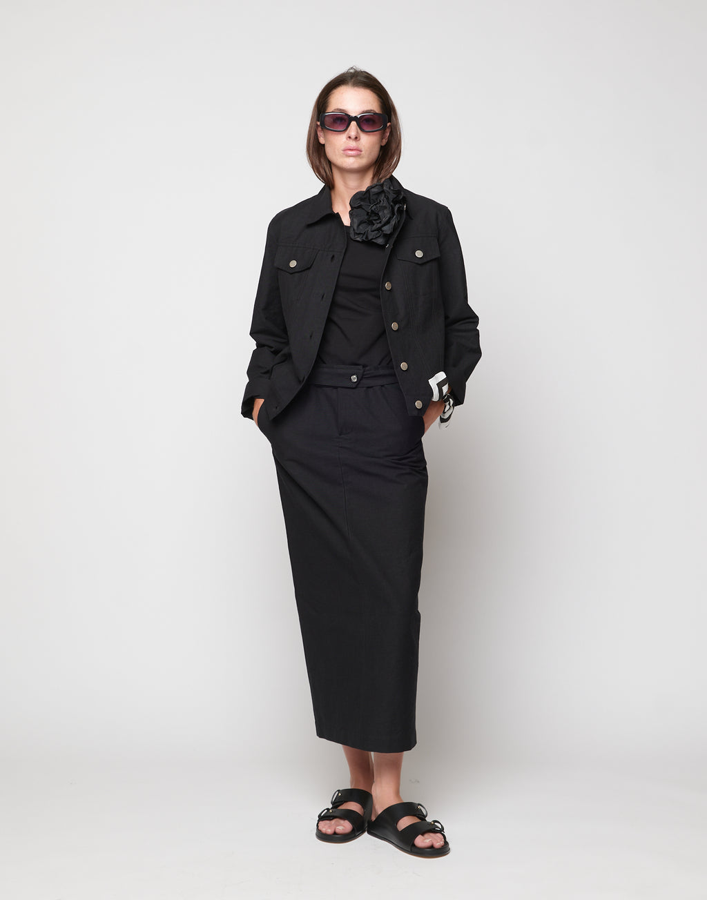 Gonna Midi a Tubo in Cotone Froissé Nera