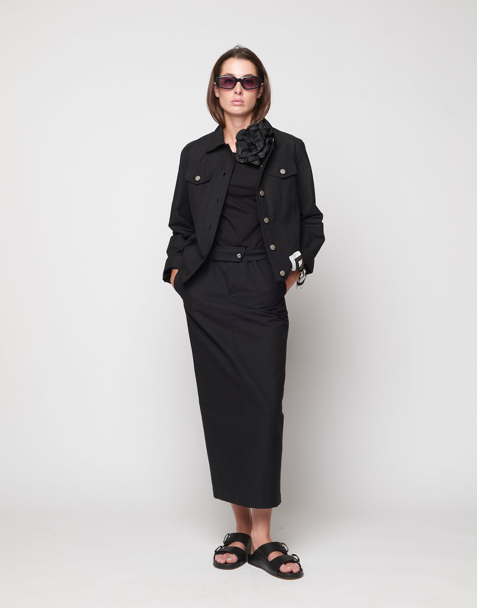 Gonna Midi a Tubo in Cotone Froissé Nera