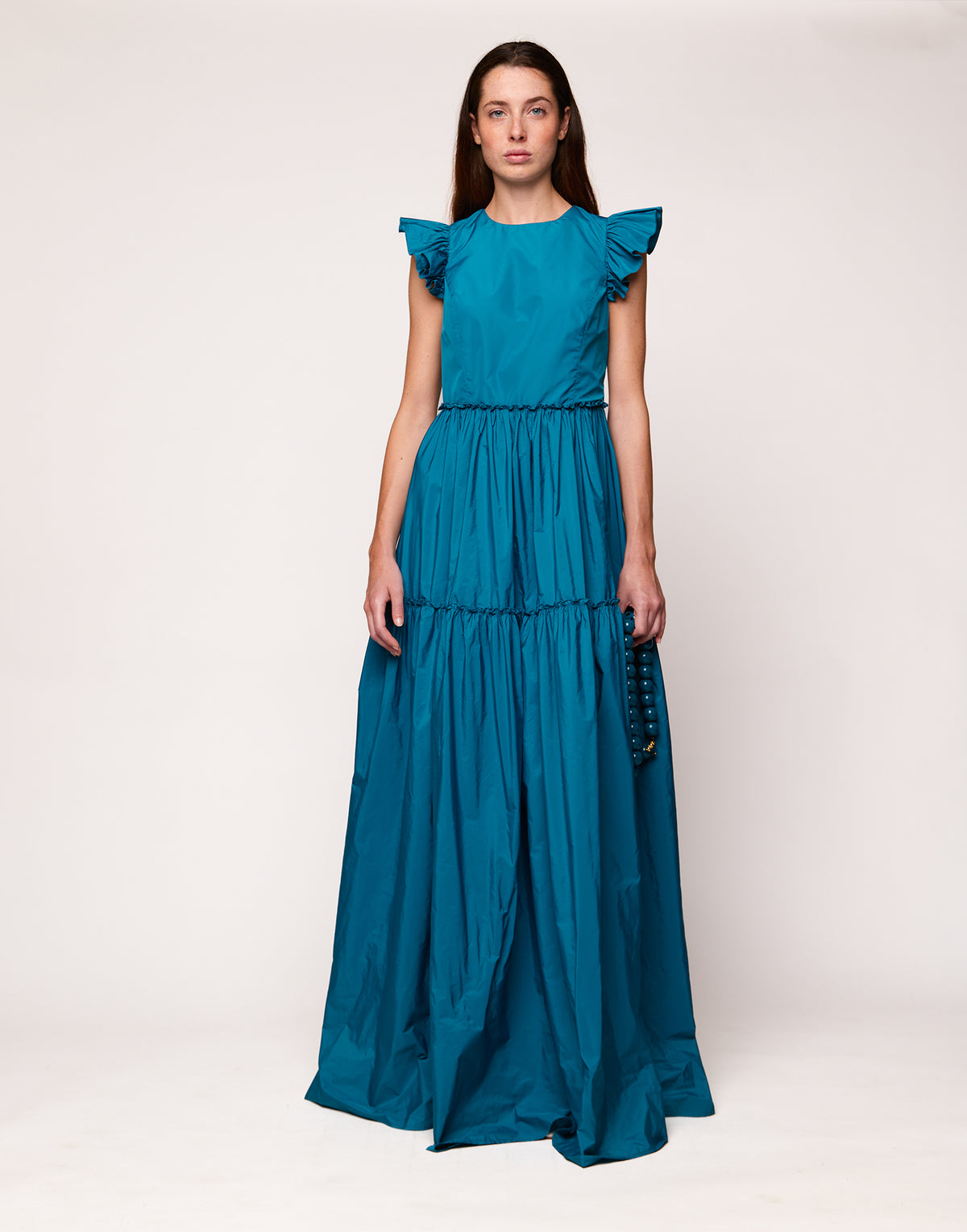 Long Ruffled Dress in Topaz Microfiber Taffeta