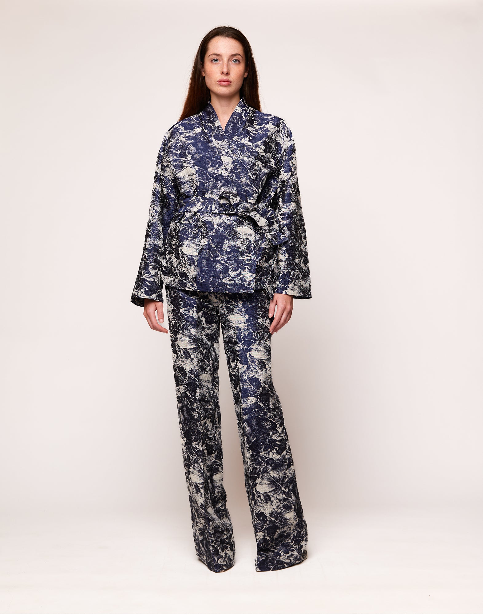 Pantaloni a Vita Alta in Jacquard Zaffiro