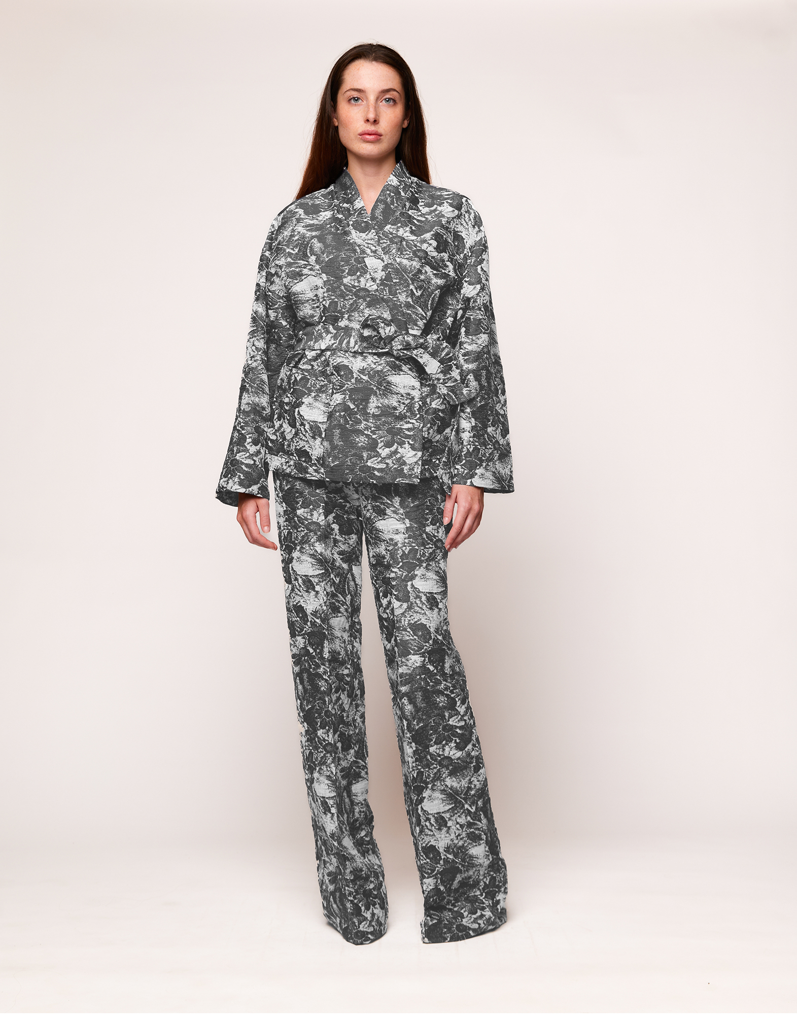 Pantaloni a Vita Alta in Jacquard Steel