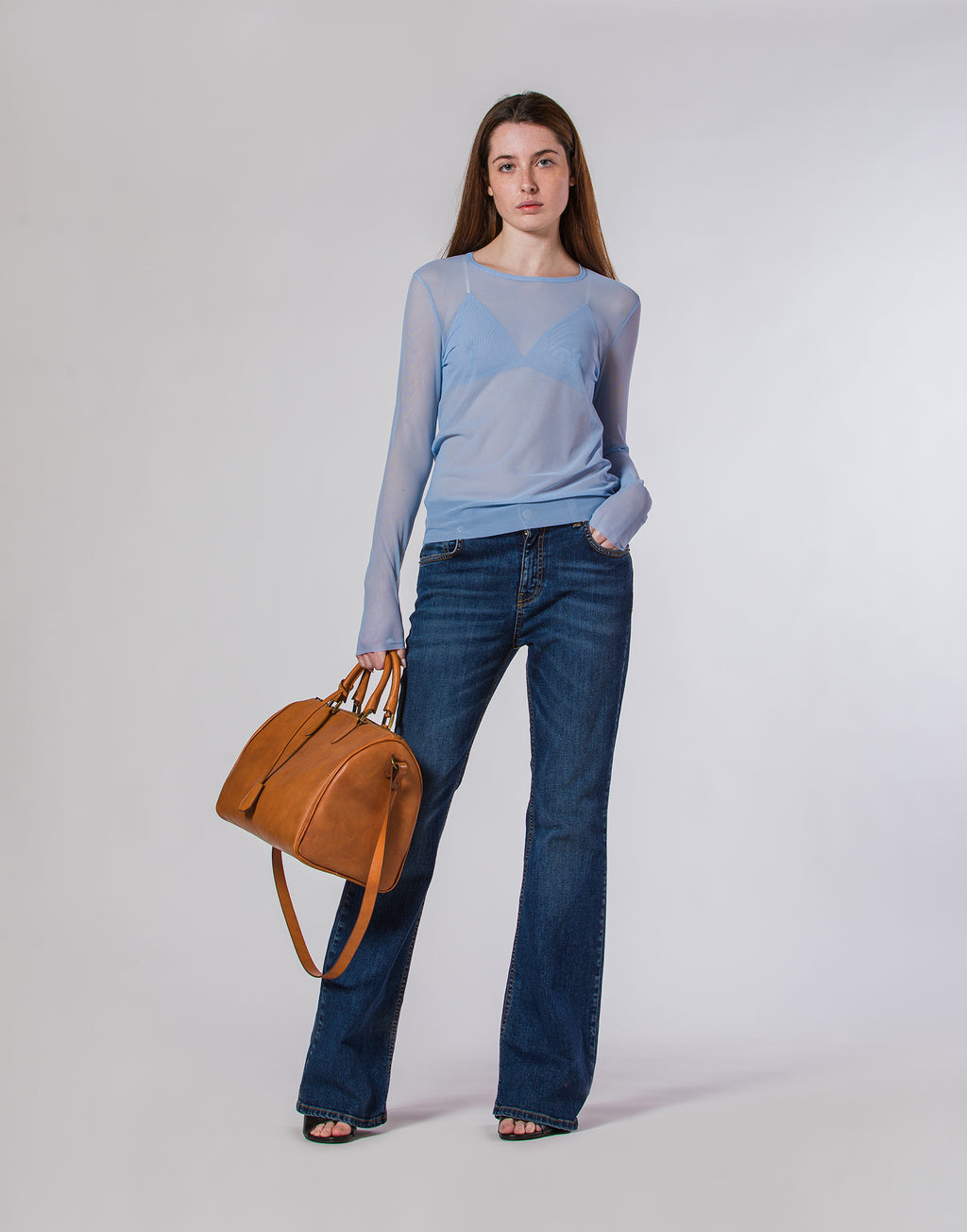 T-shirt Manica Lunga in Tulle Azzurra