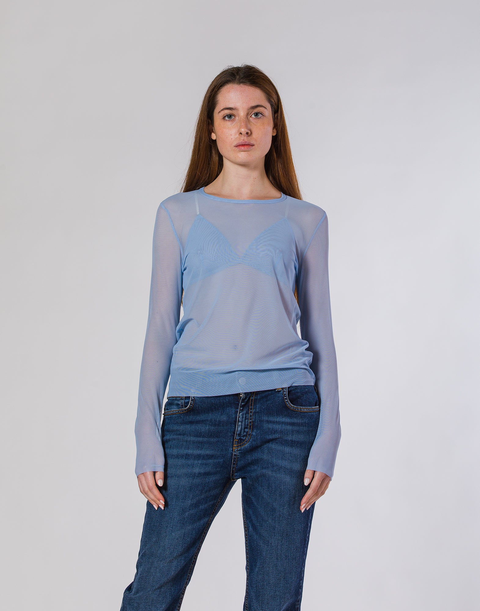 T-shirt Manica Lunga in Tulle Azzurra