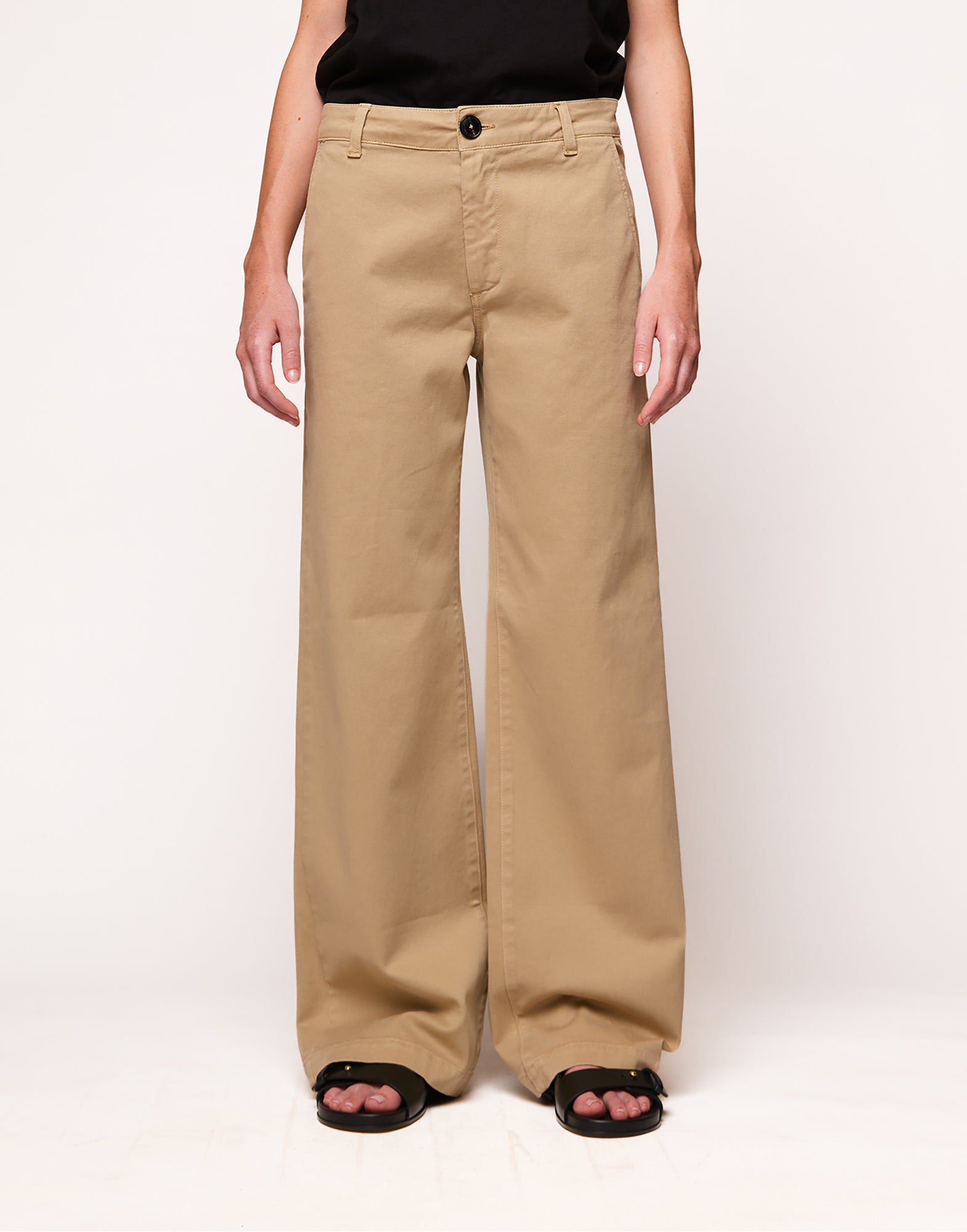 Pantaloni a Gamba Larga in Drill di Cotone Stretch Khaki