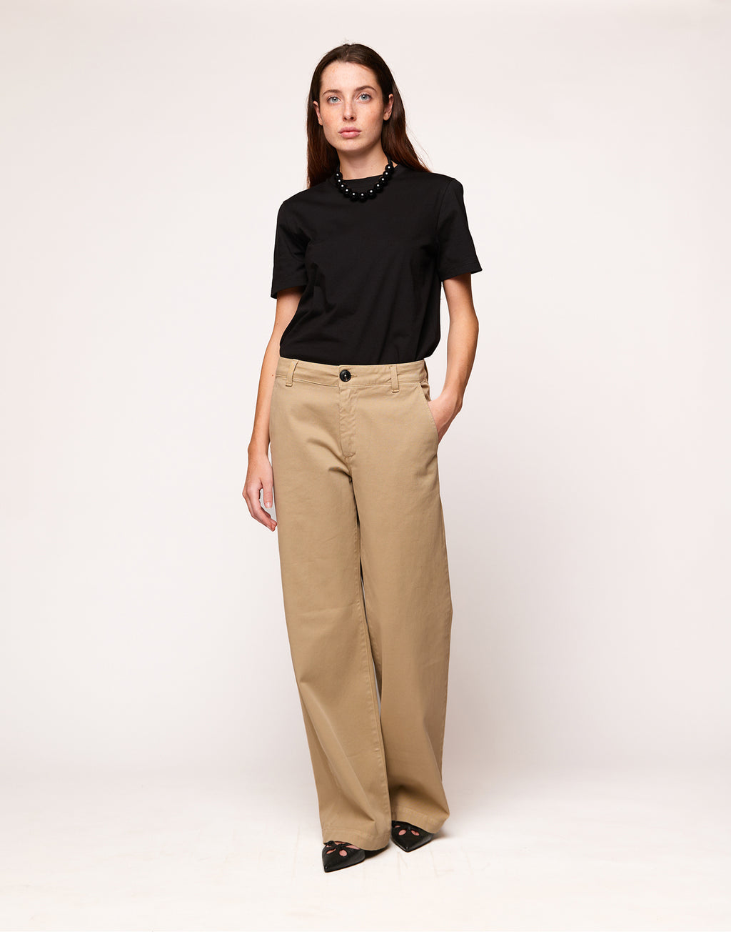 Pantaloni a Gamba Larga in Drill di Cotone Stretch Khaki